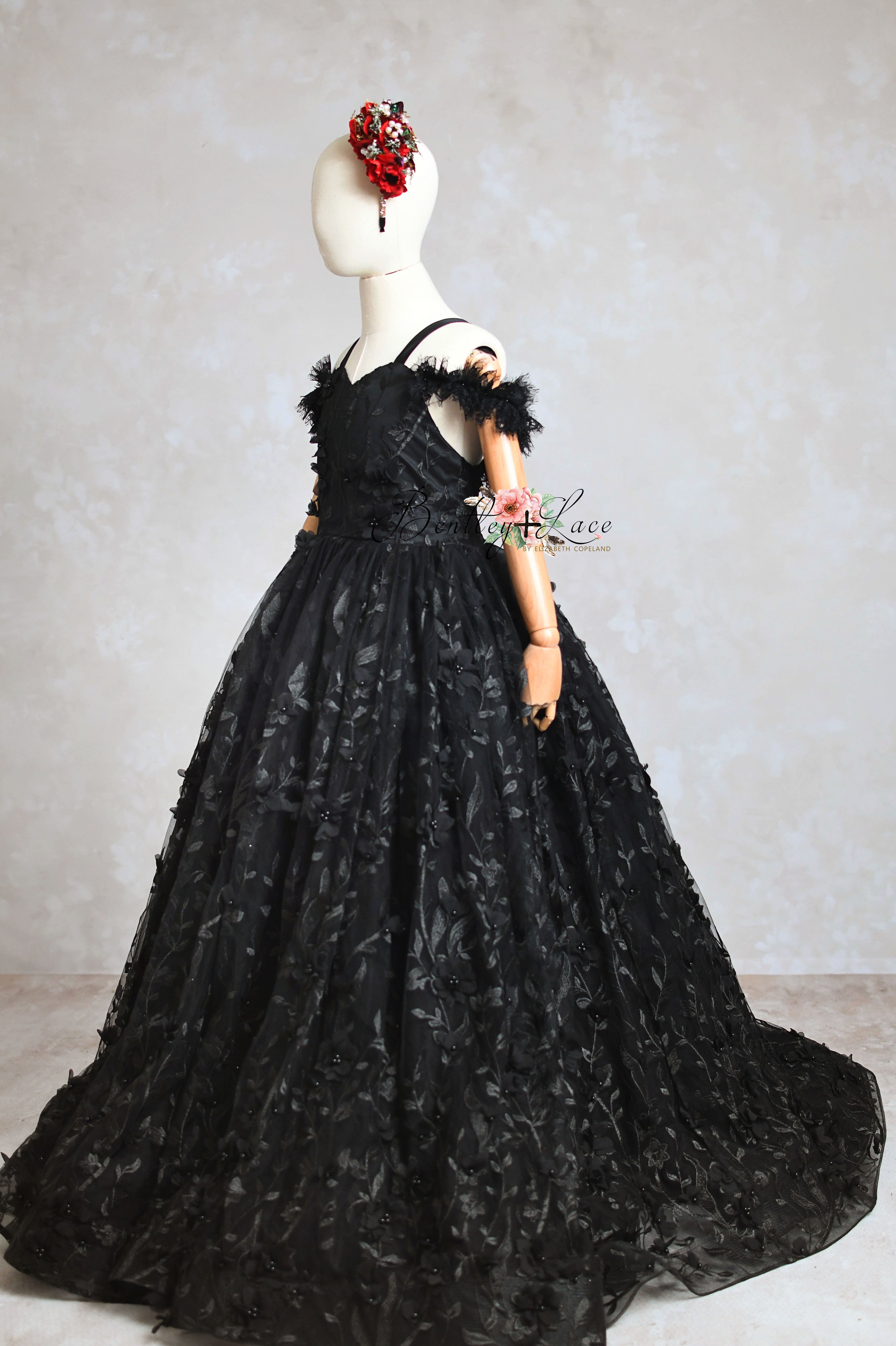"Heavenly" Black Couture Rental Gown | Floor-Length Dress for Size 6 Years - Petite 7 Years
