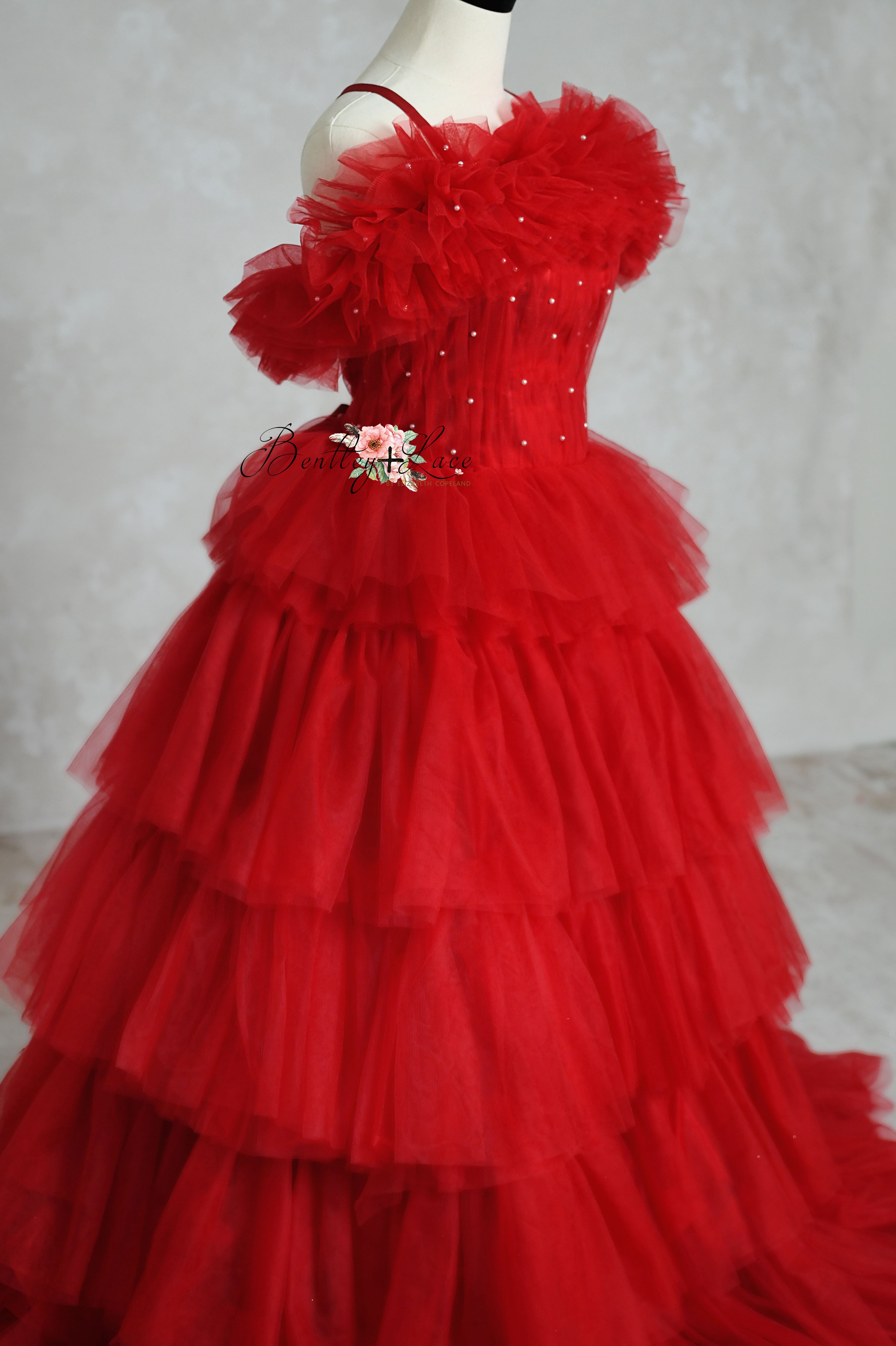 Couture Rental Gown "Aurora" Red - Floor Length Dress (Adult 0-Adult 4)
