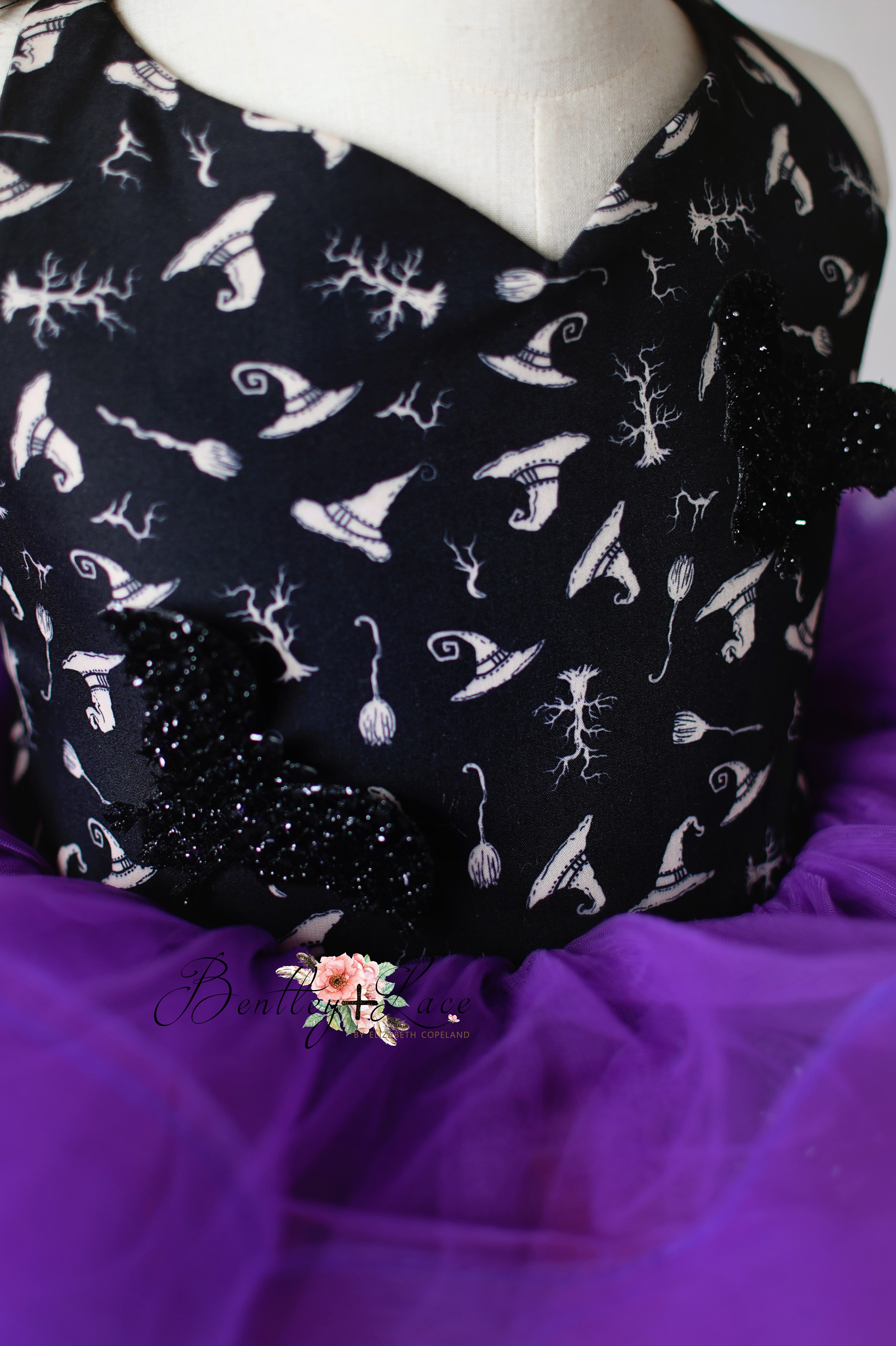 "Pumpkin Moonlight short petal Halloween dress with purple and orange tulle layers"