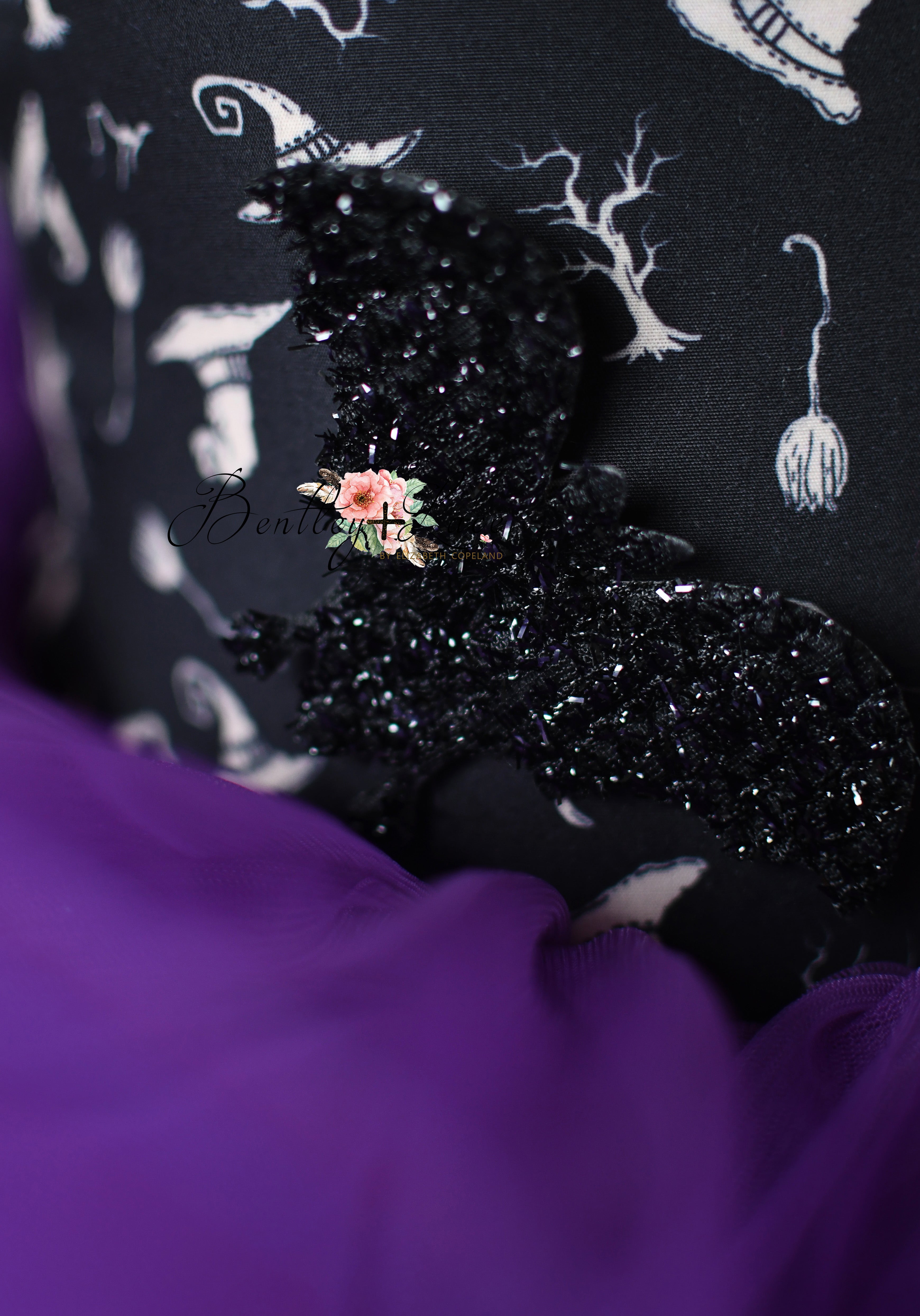 "Luxury Halloween couture gown for girls with spooky moon and bats backdrop"