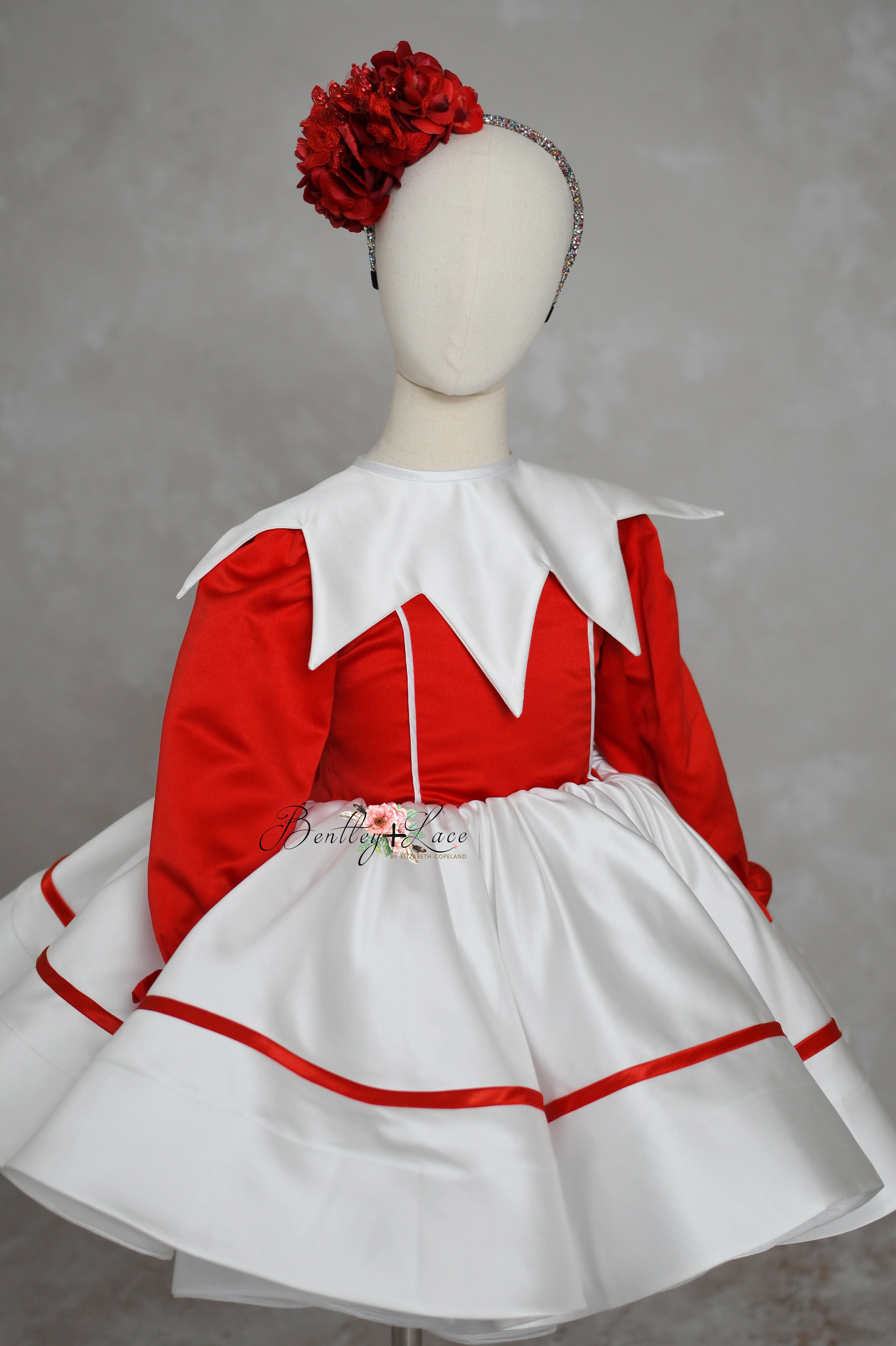 Festive Elf-themed Santa's Helper Dress in bridal soft satin