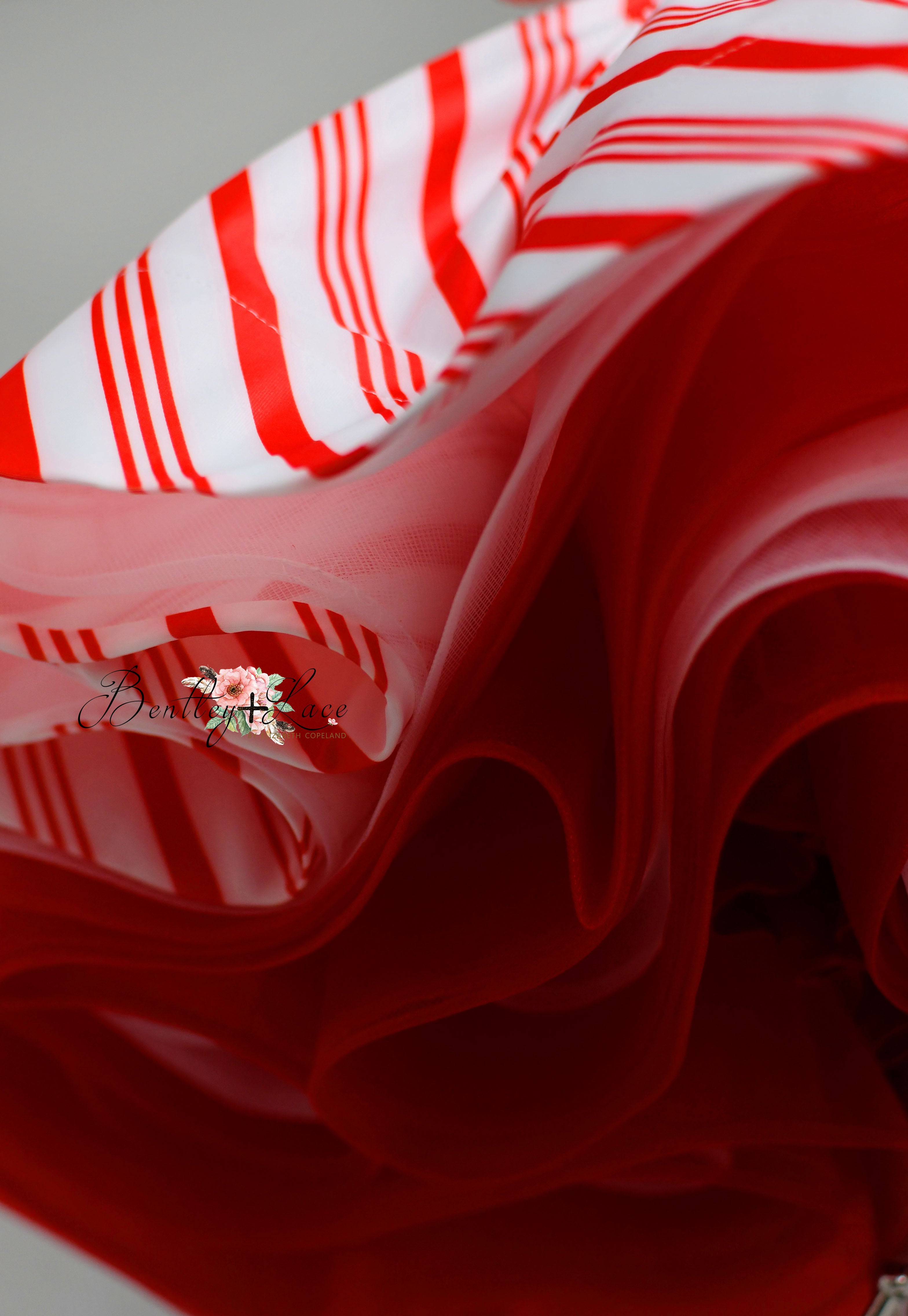 Holiday-themed Candy Cane Lane Dress displayed with satin and tulle details.