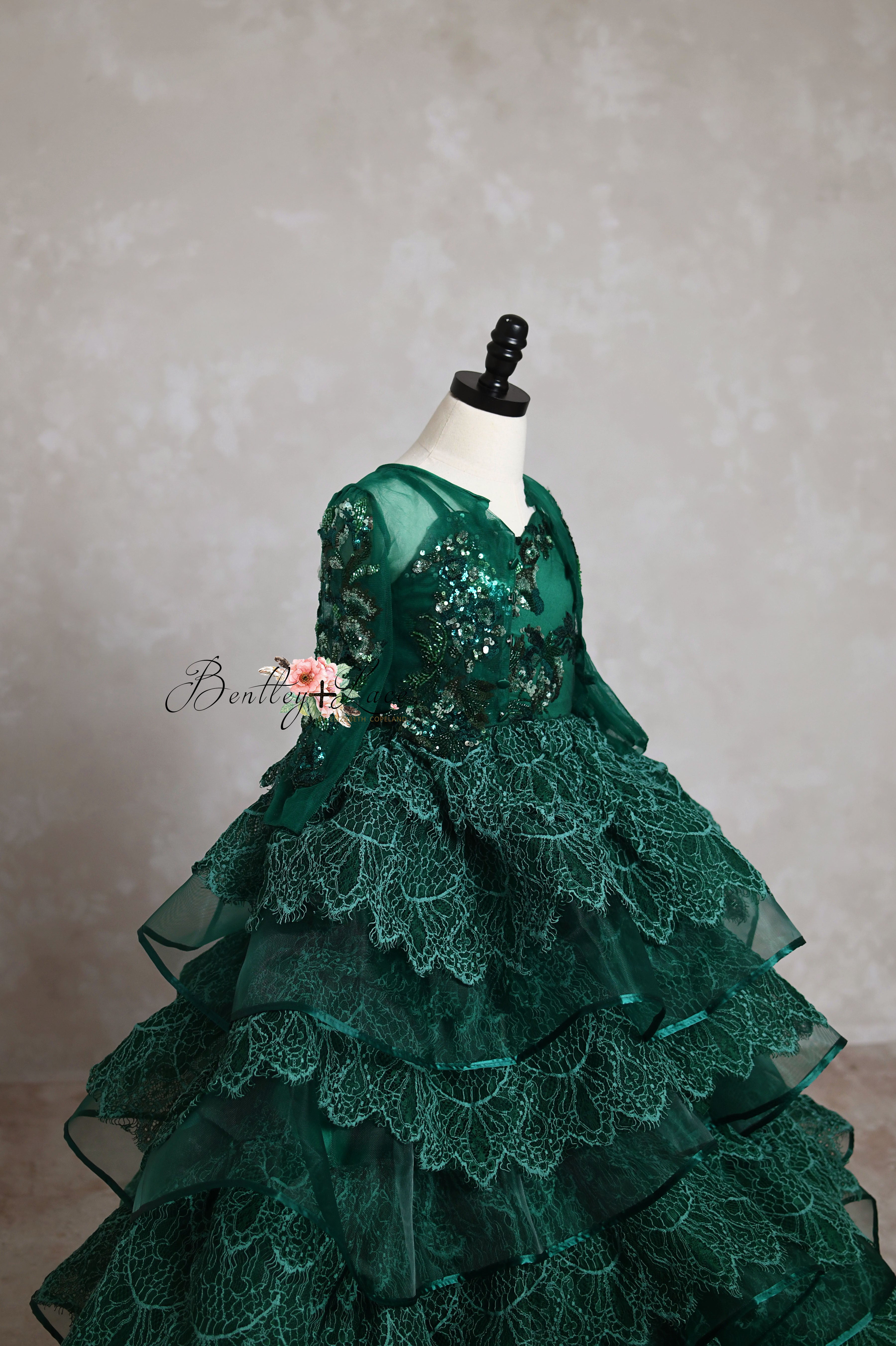 "Emerald Elegance" -Floor Length Gown and Jacket-Green (6-7Year)