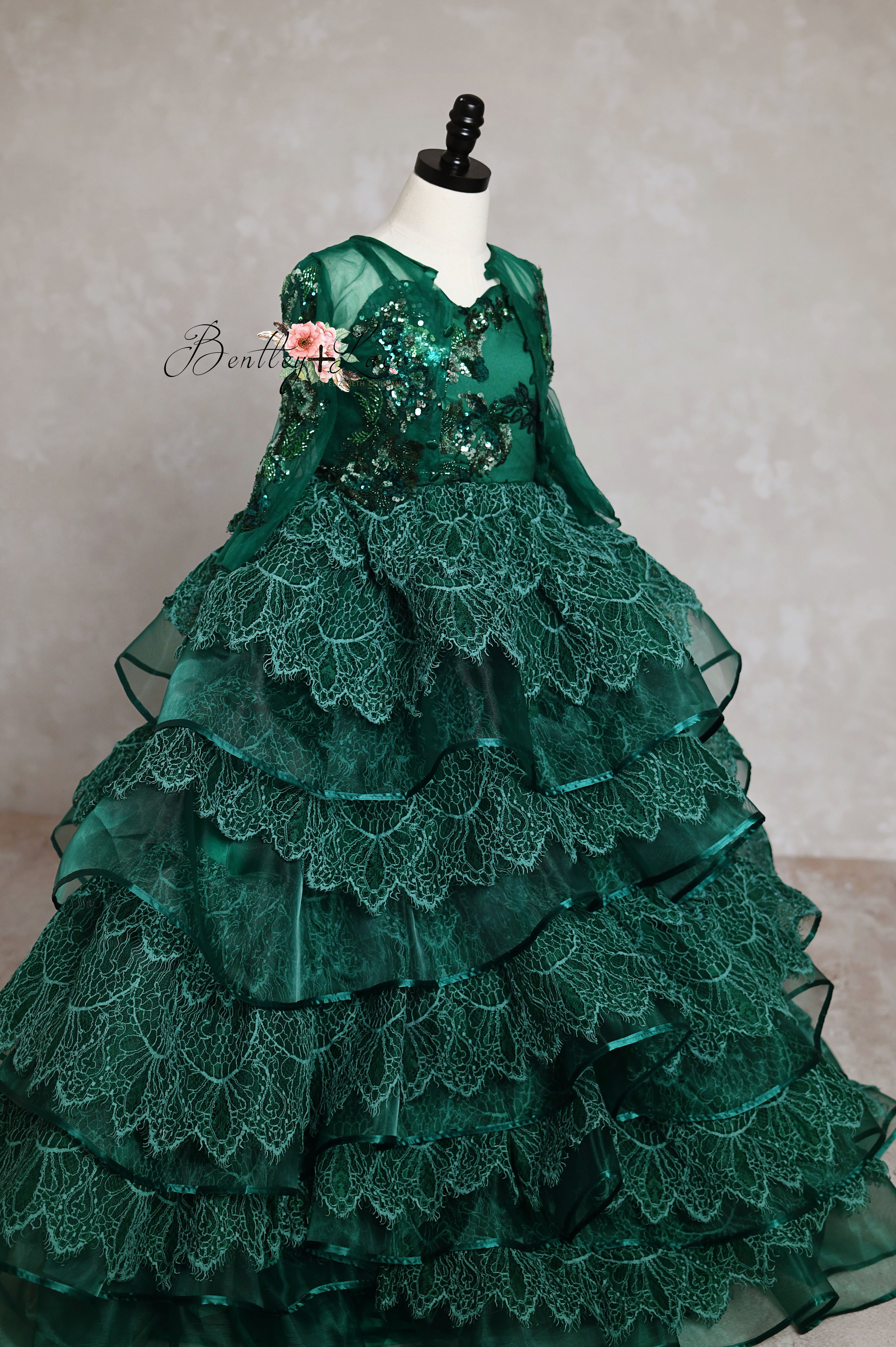 Couture custom green lace holiday gown