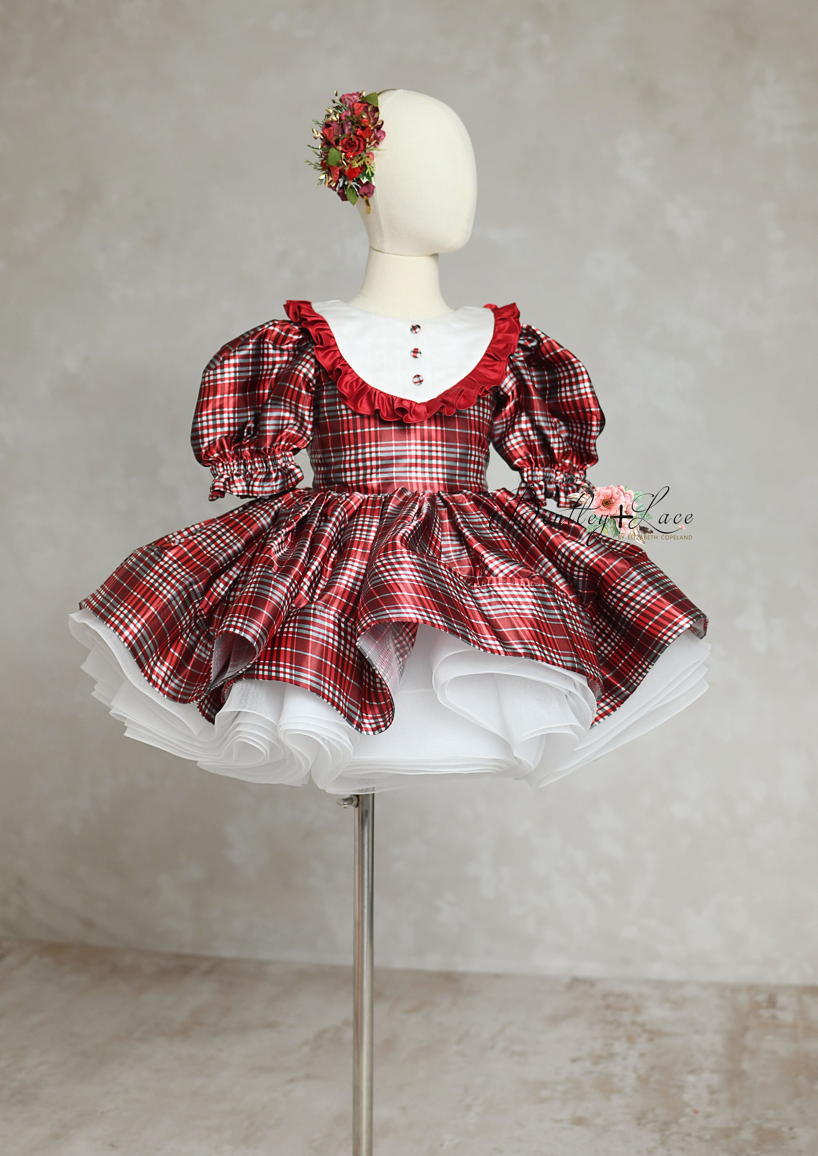 Vintage-inspired Holiday Magic Petal-Plaid Tulle Dress