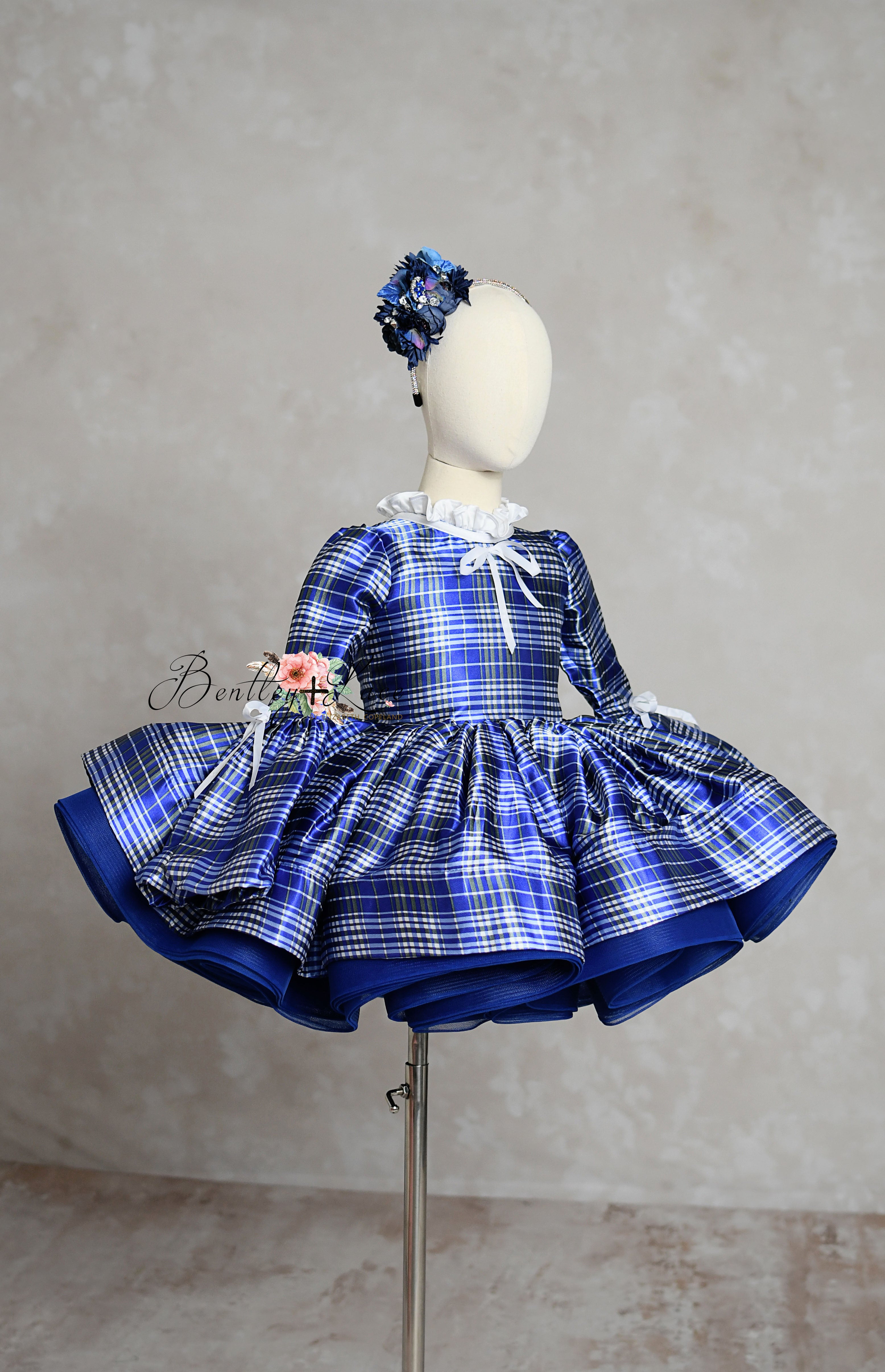 blue satin plaid dress