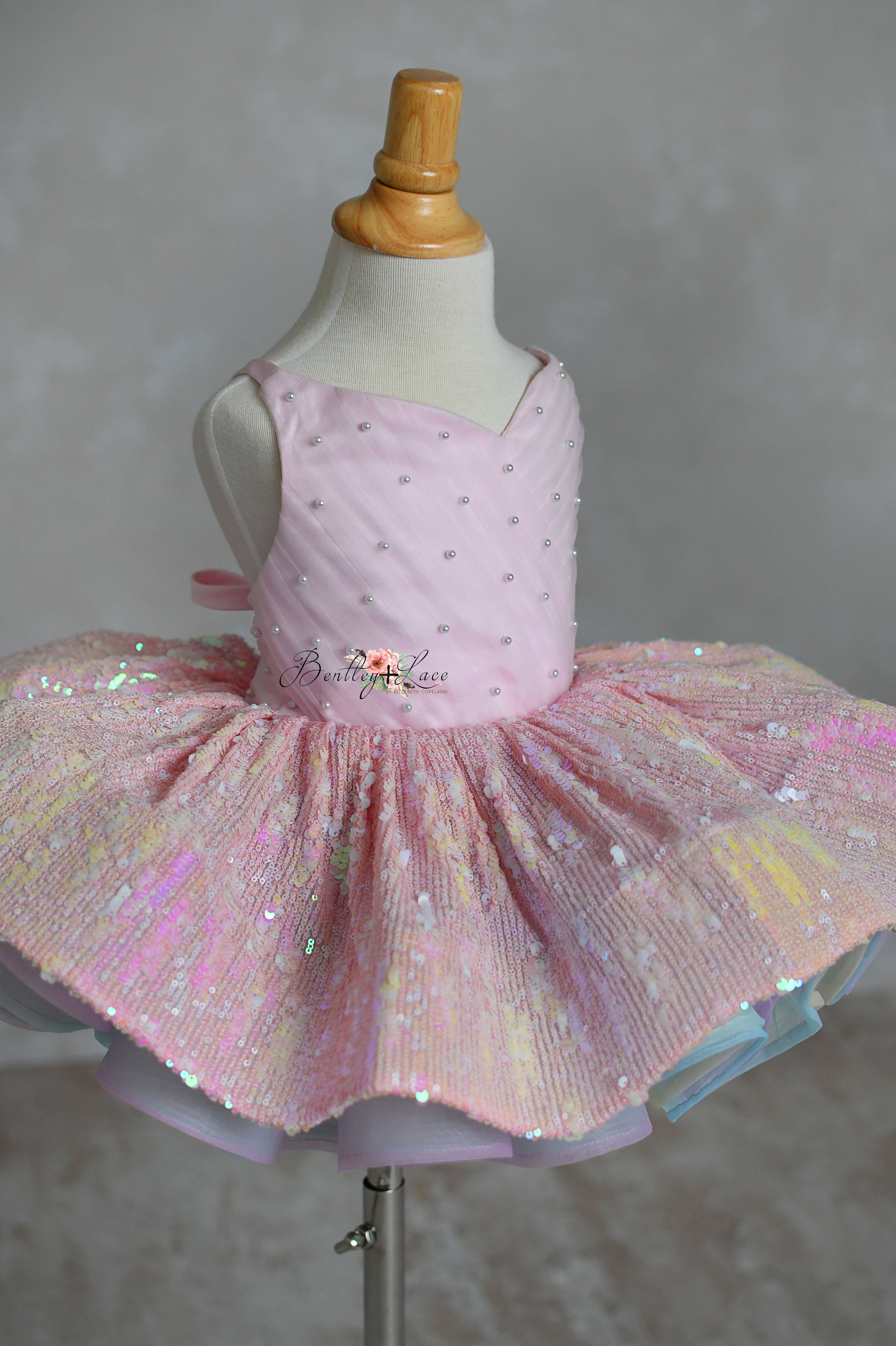 Elegant petal-length dress 'Speak Now Gown' with mesmerizing pink sequins and soft rainbow tulle layers.