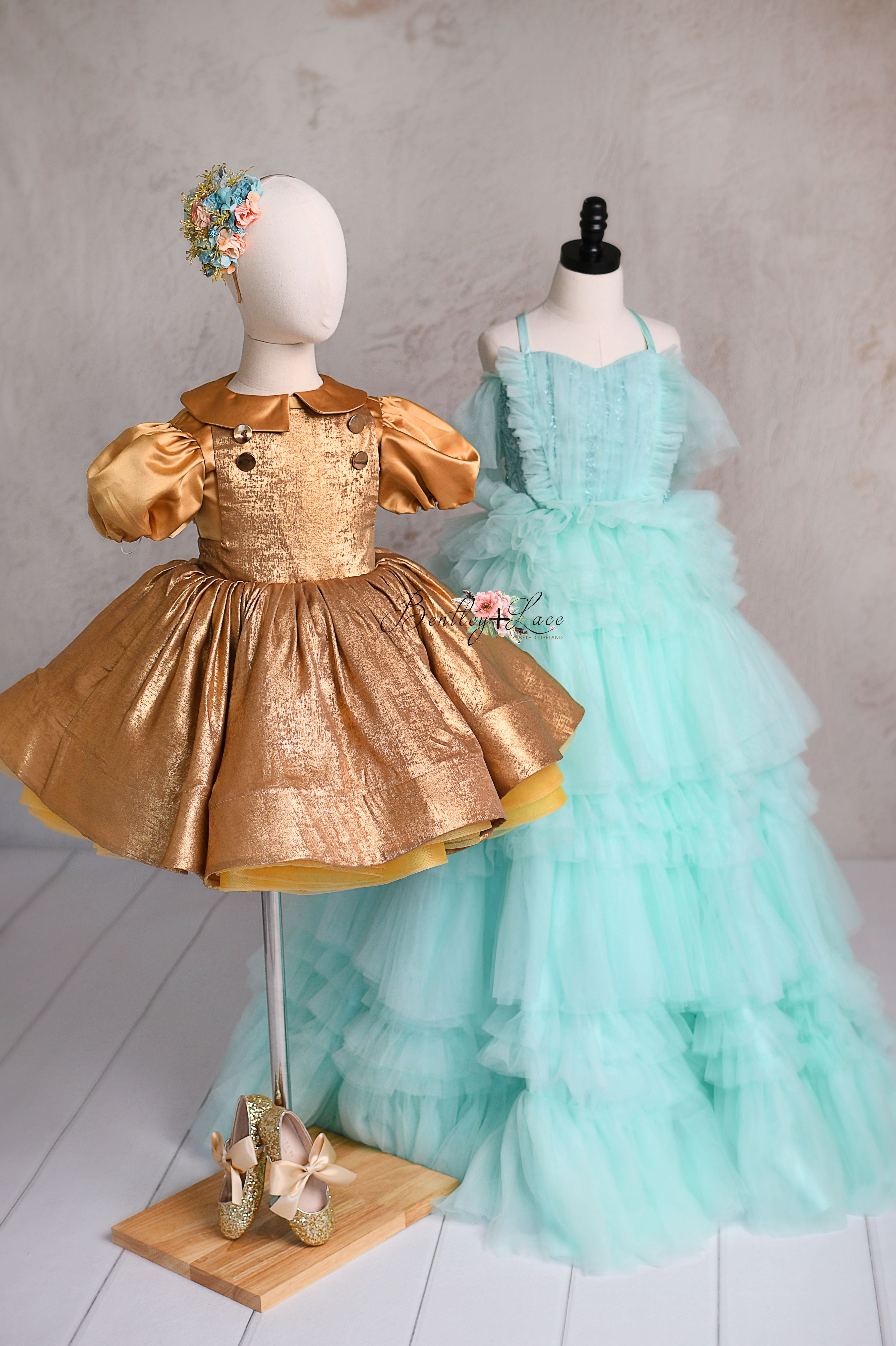 Couture aqua gown with intricate tulle ruffles for girls.