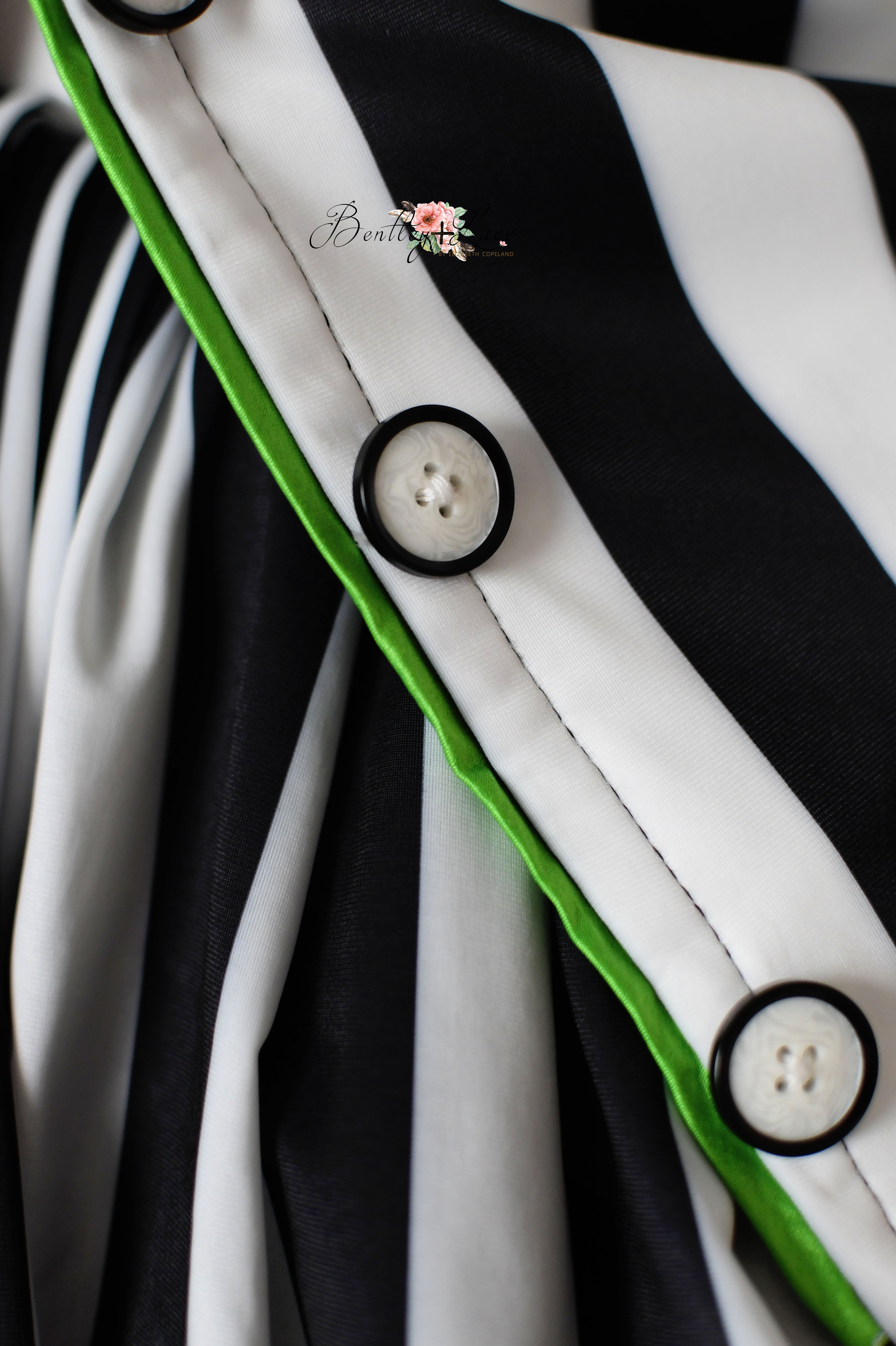 Full-length view of the Beetlejuice-themed dress and jacket.