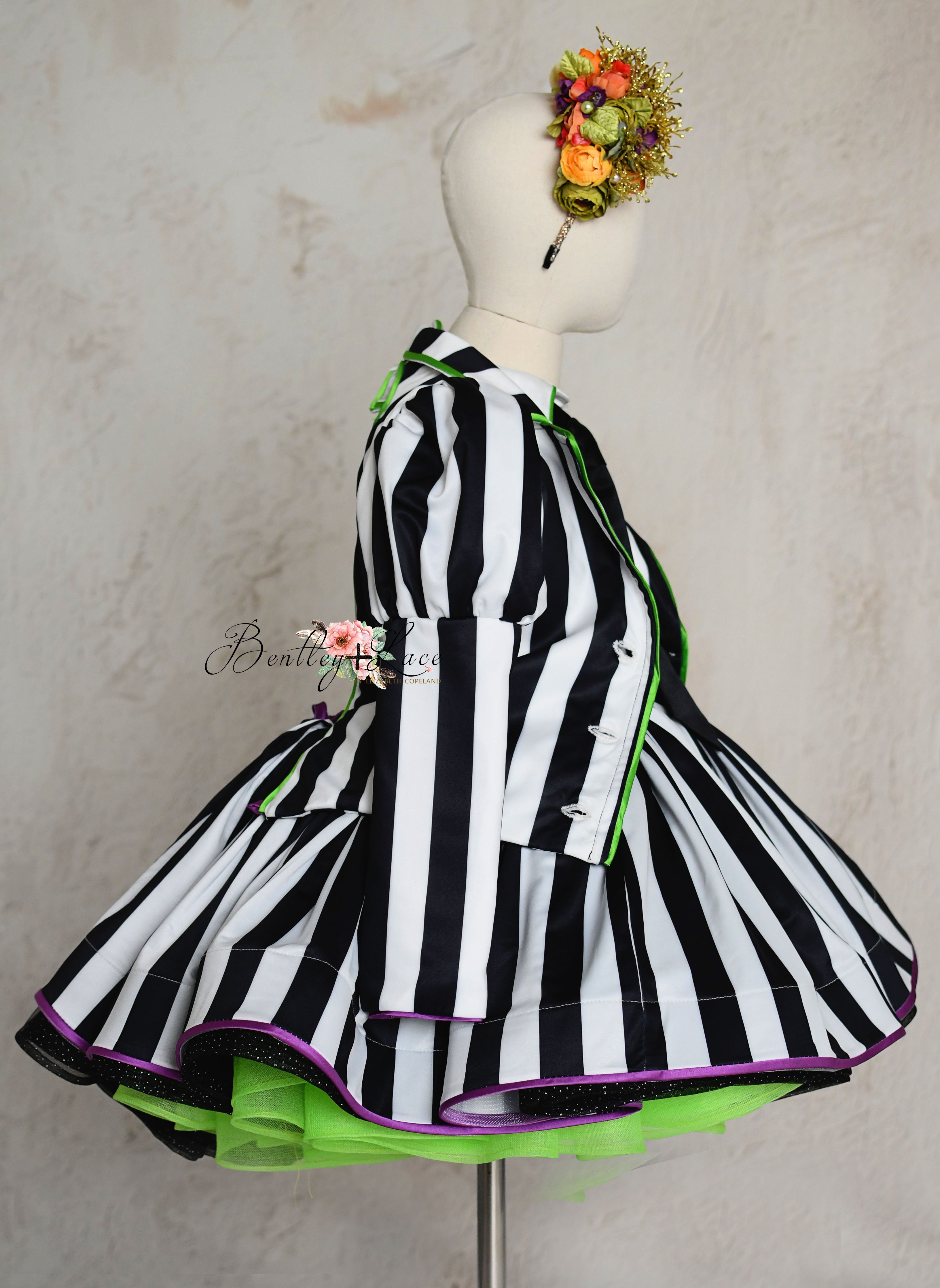Detailed shot of the Beetlejuice-inspired dress pattern.