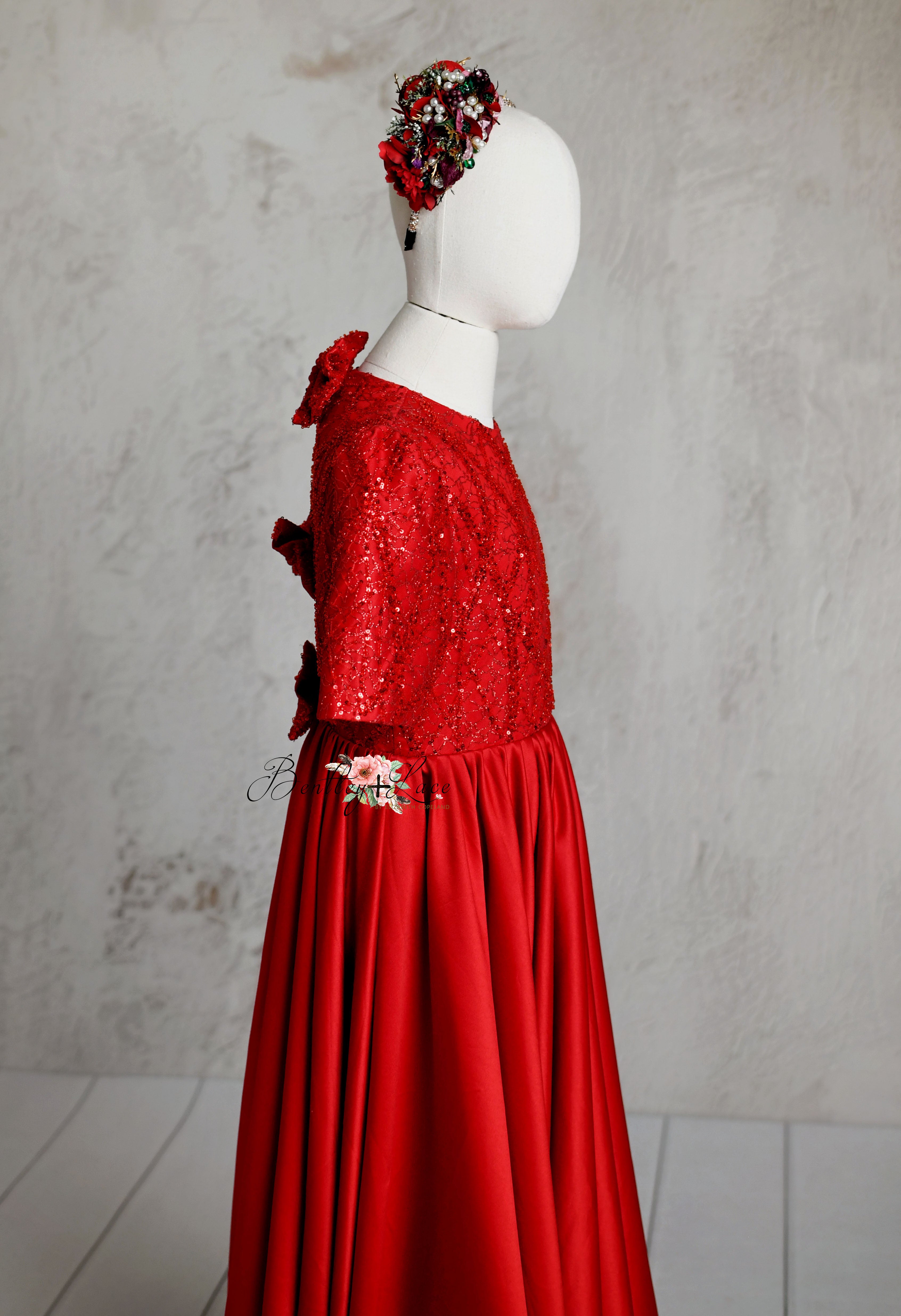 "Scarlet Sparkle" Silk Satin Floor Length Gown (7-10 Year)