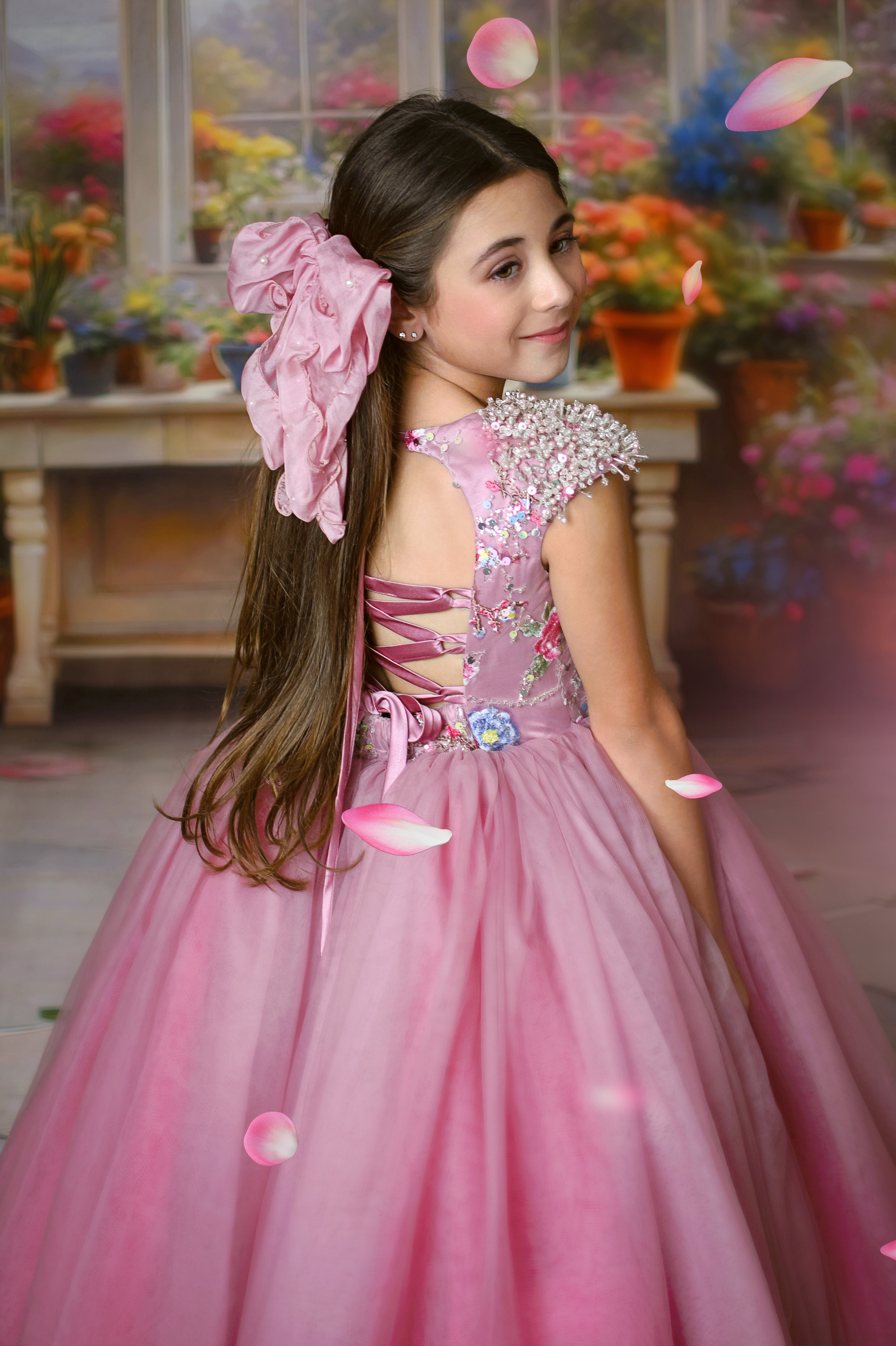 "Elegant Asha gown for 5-6 year-olds featuring a soft tulle skirt and detailed embellished bodice."