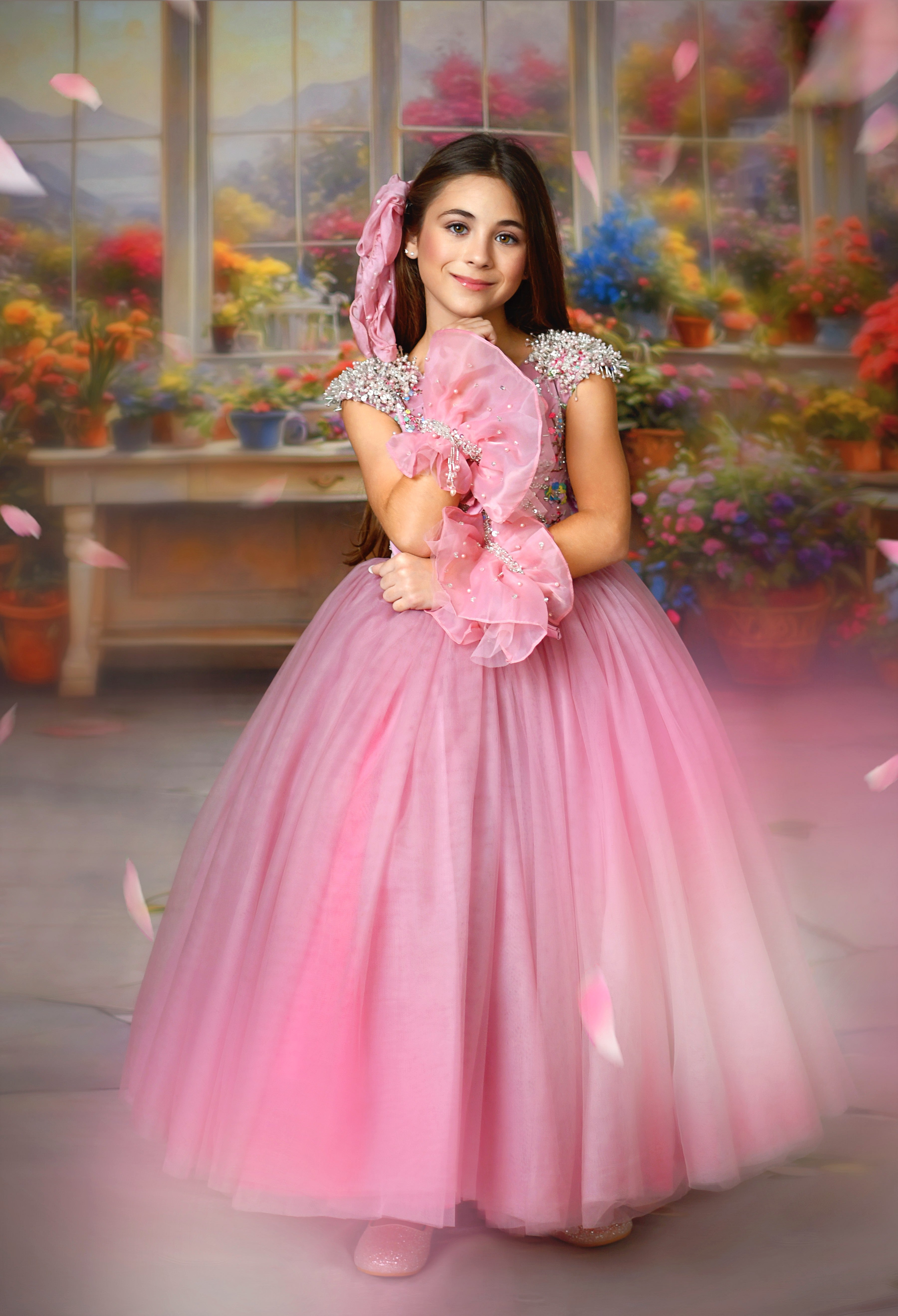 "Pink floor-length tulle gown for special occasions, designed for young girls aged 5 to 6."