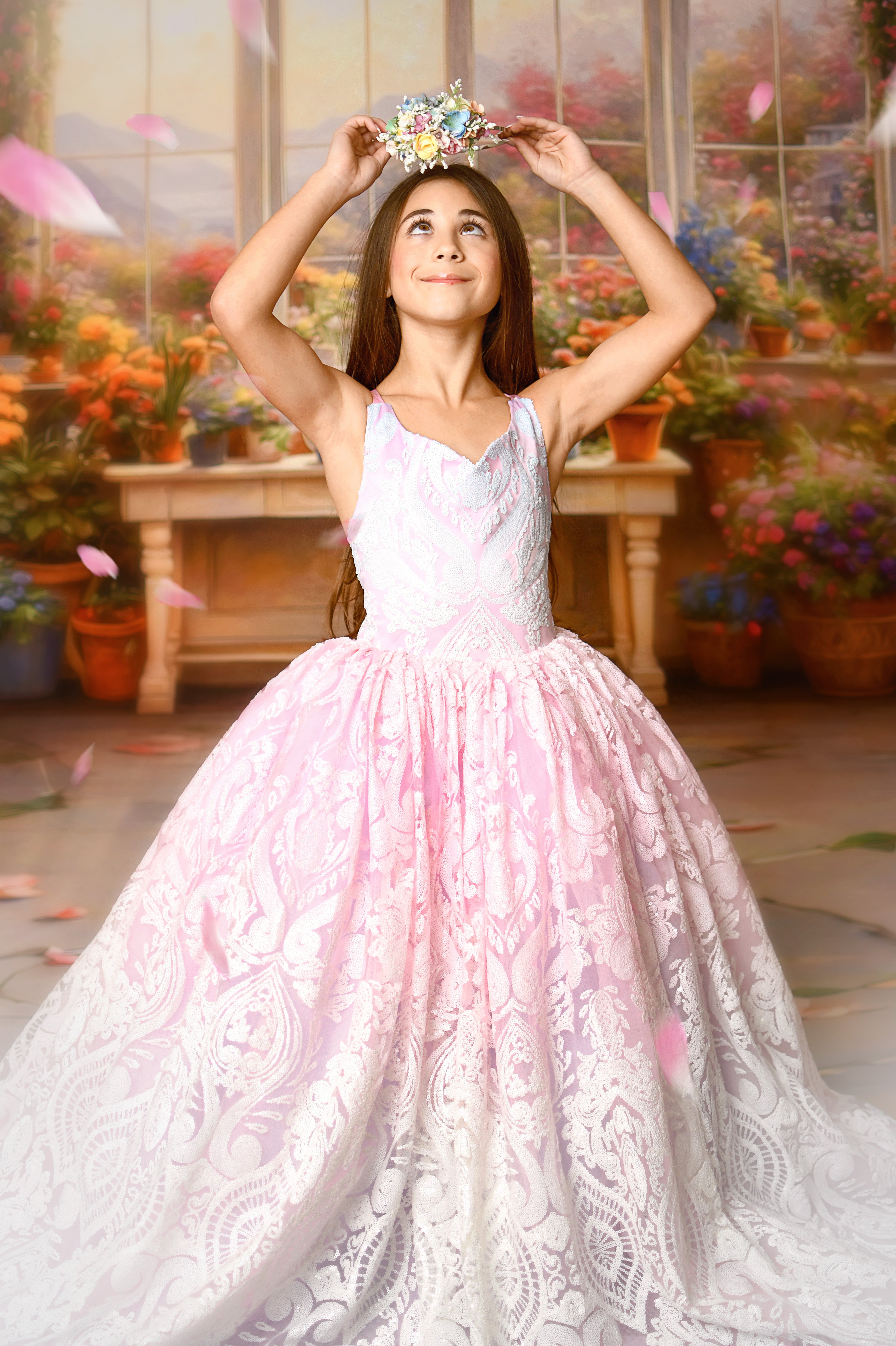Side profile of the "Sugar Kisses" floor-length gown highlighting the flowing skirt.