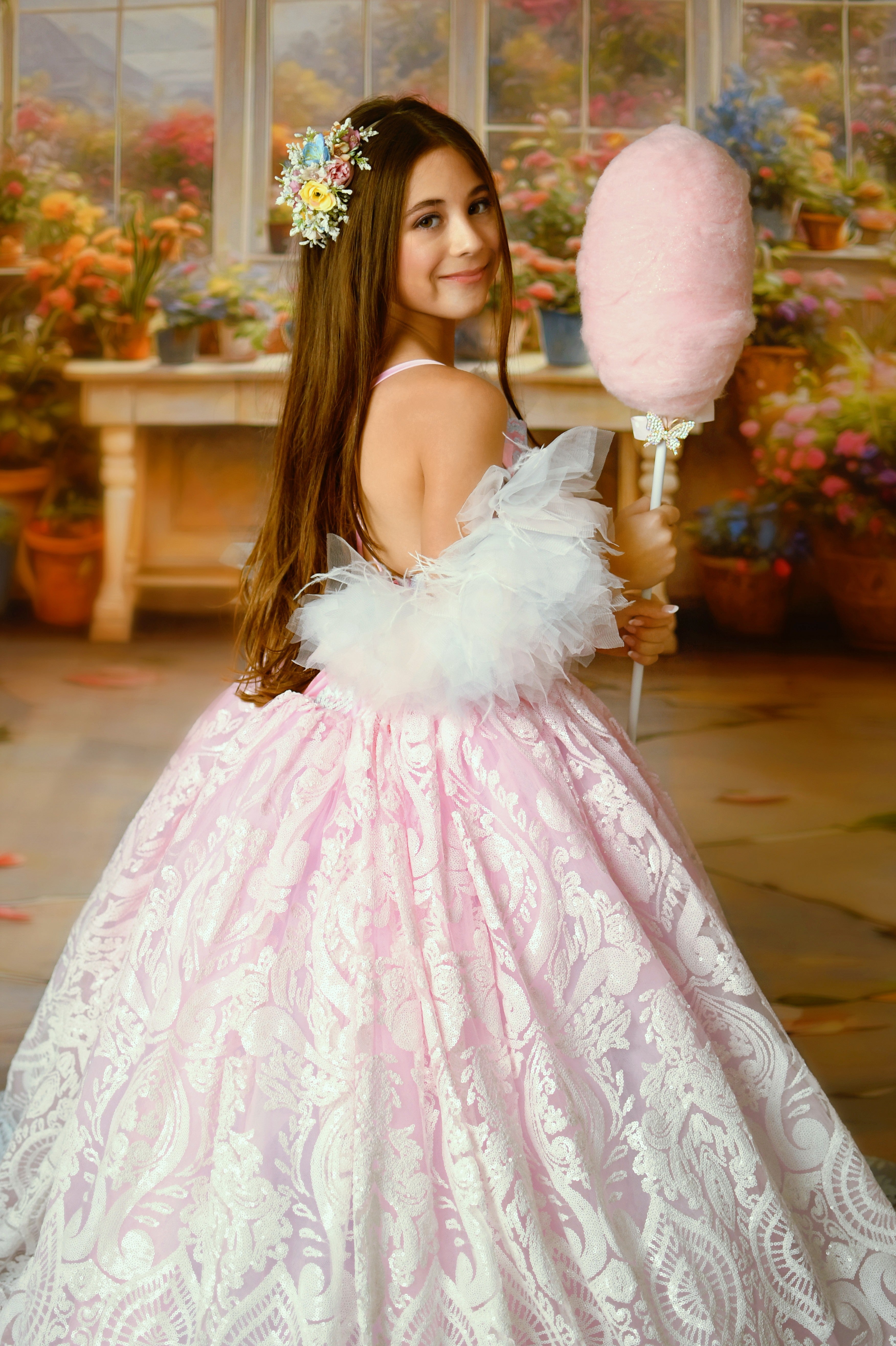 Close-up of the detachable ruffle off-shoulder sleeves on the "Sugar Kisses" dress.