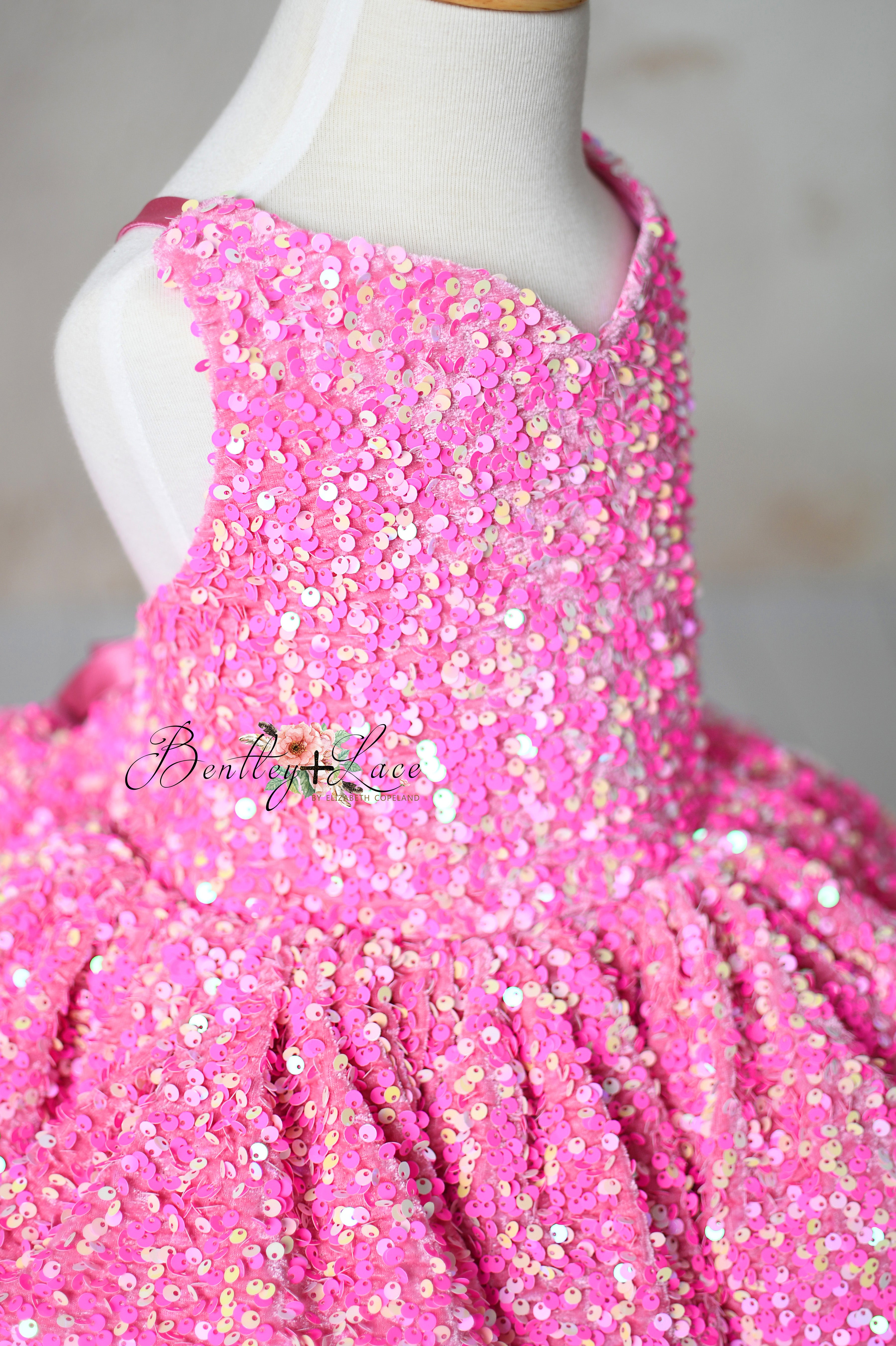 Retro Velvet Glam Pink Candy Sequin Petal Gown – Couture Editorial Dress for Special Occasions