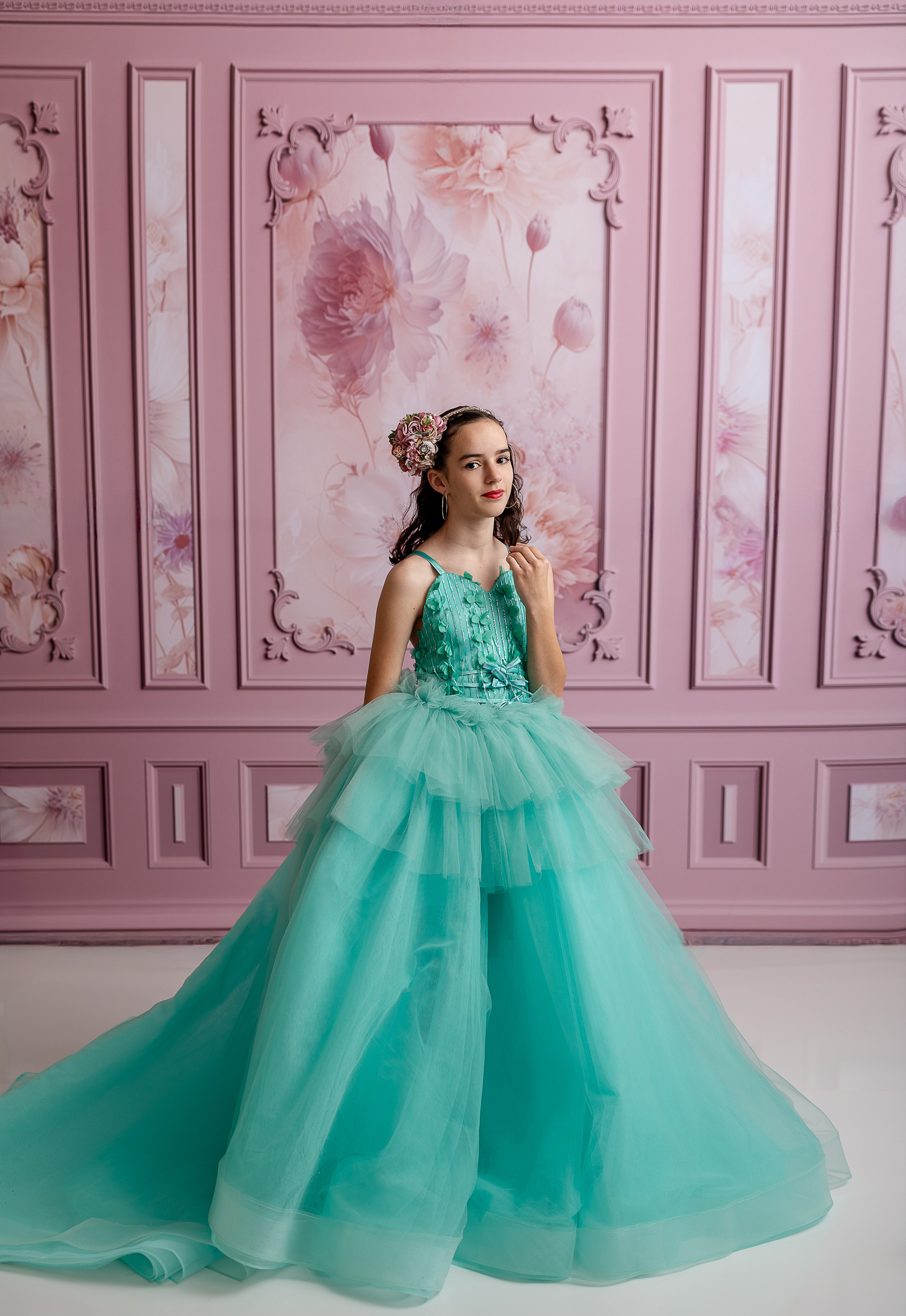 Charming aqua dress with a dreamy layered tulle skirt and delicate bodice