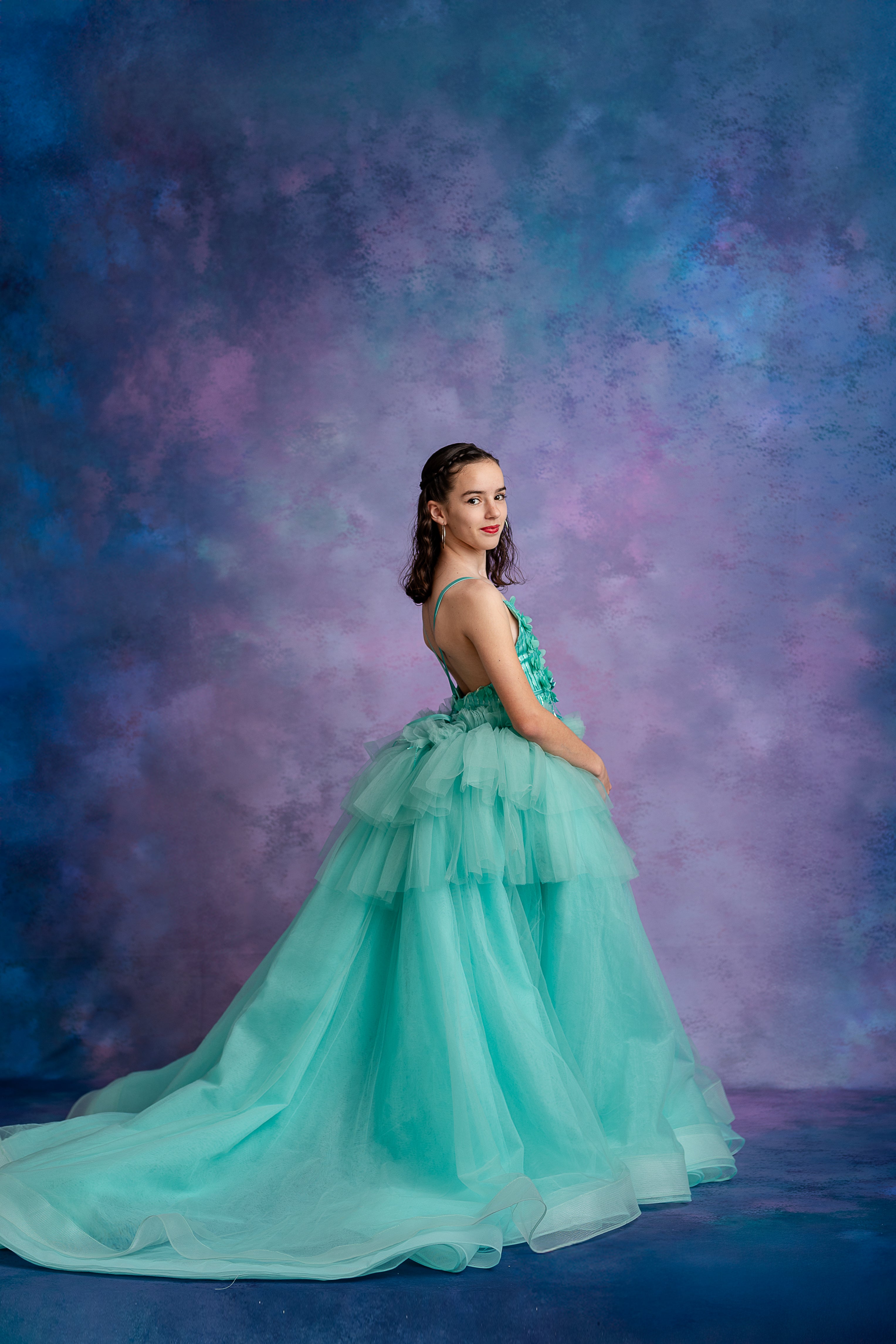 Seafoam aqua dress with adjustable shoulder ties and elegant tulle layers