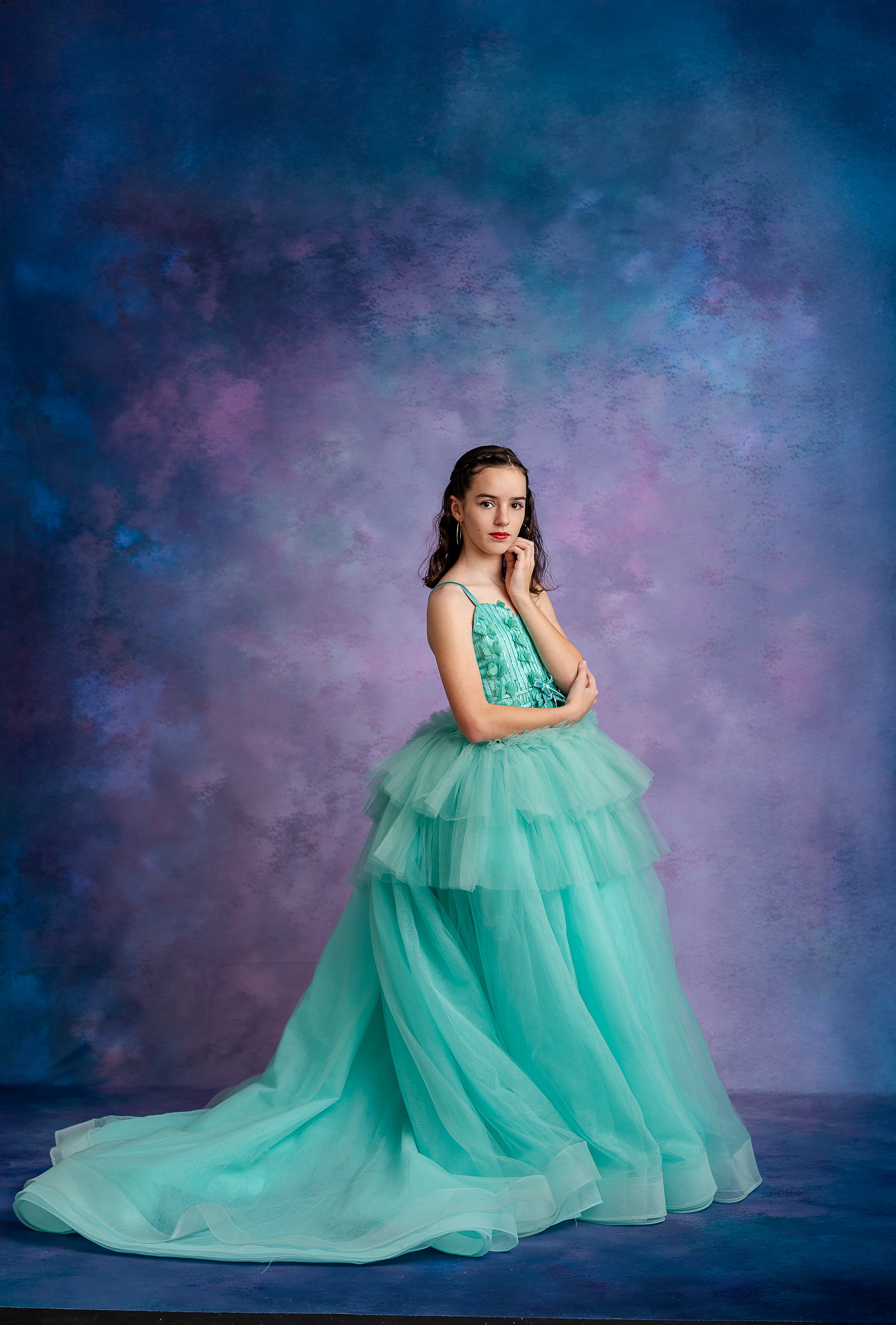 Toddler princess dress in aqua with cascading layers of soft tulle