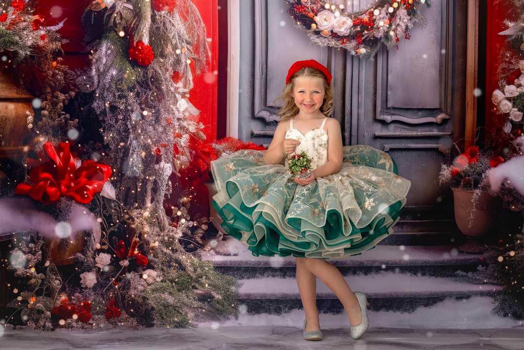 "Golden Starlight"-Gold+Green Short Length Dress (5 Year-Petite 6 Year)