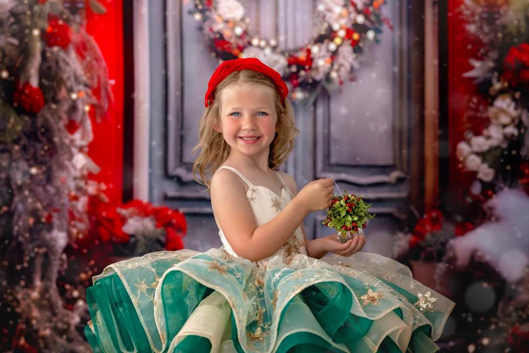 "Golden Starlight"-Gold+Green Short Length Dress (5 Year-Petite 6 Year)