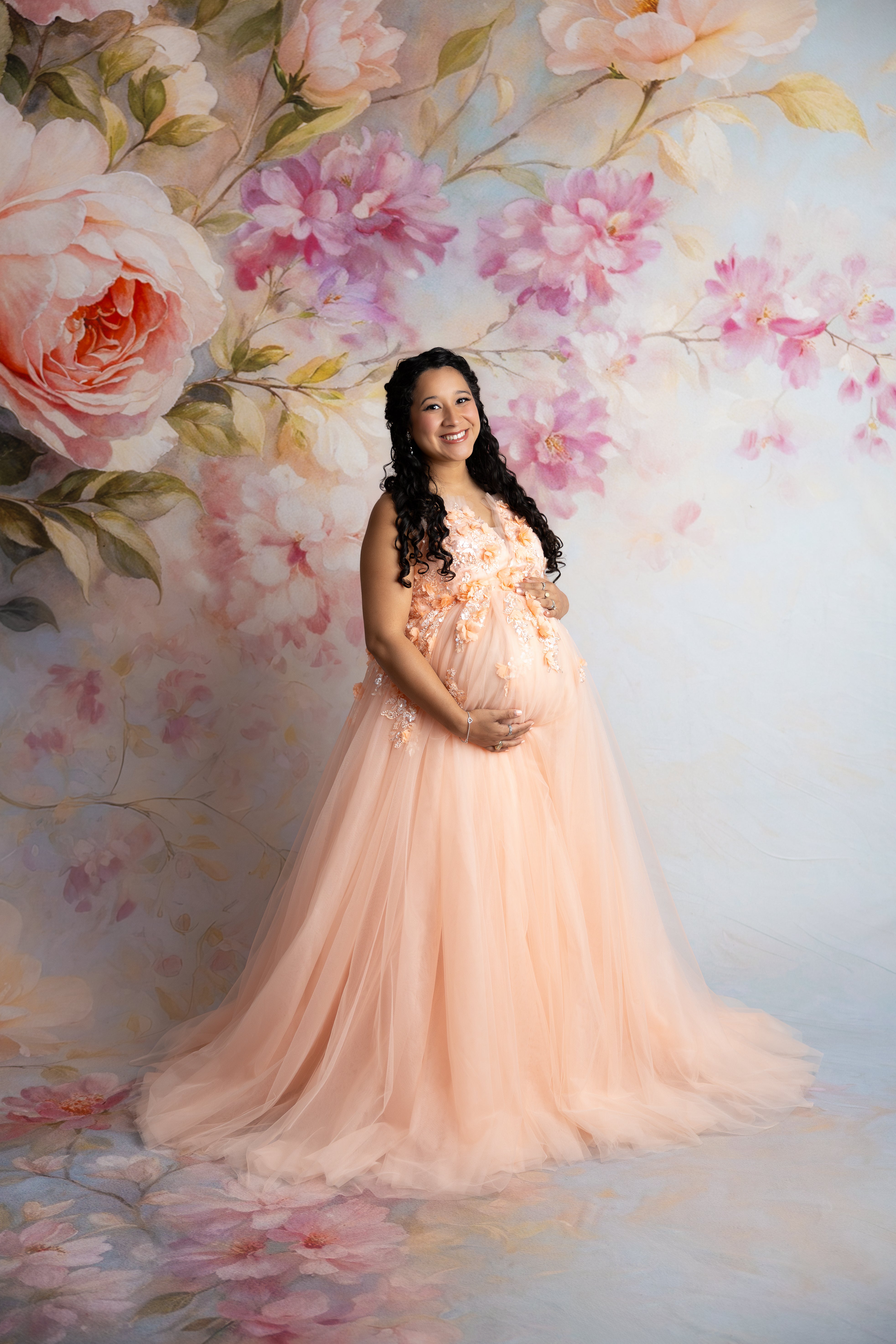 Peach Blossom Gown with corset back and flowing tulle, ideal for maternity and beyond.