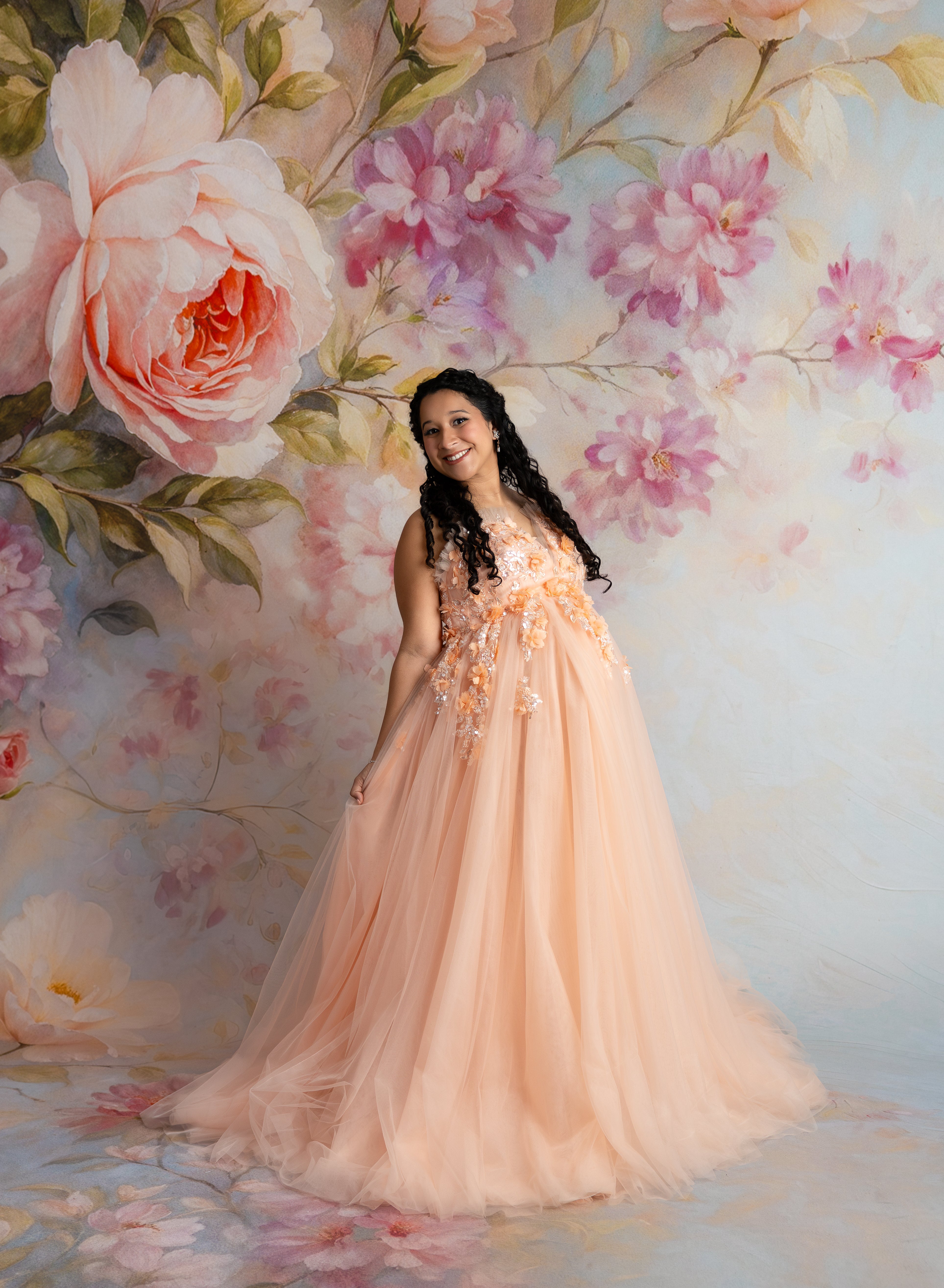 Elegant Peach Blossom gown designed for maternity and non-maternity wear, with corseted detail.