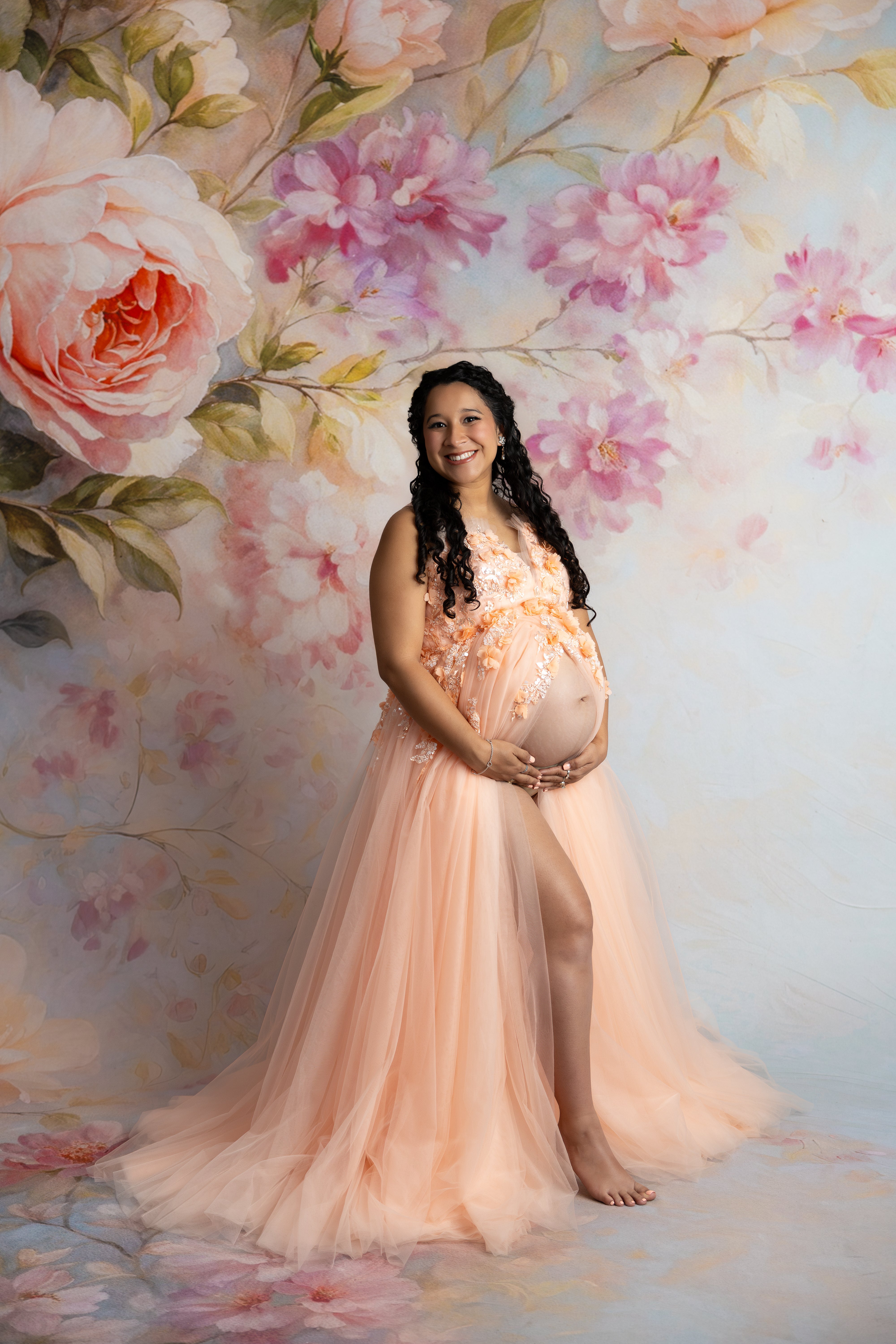 Lightweight Peach Blossom dress featuring a flexible fit and dreamy tulle skirt.