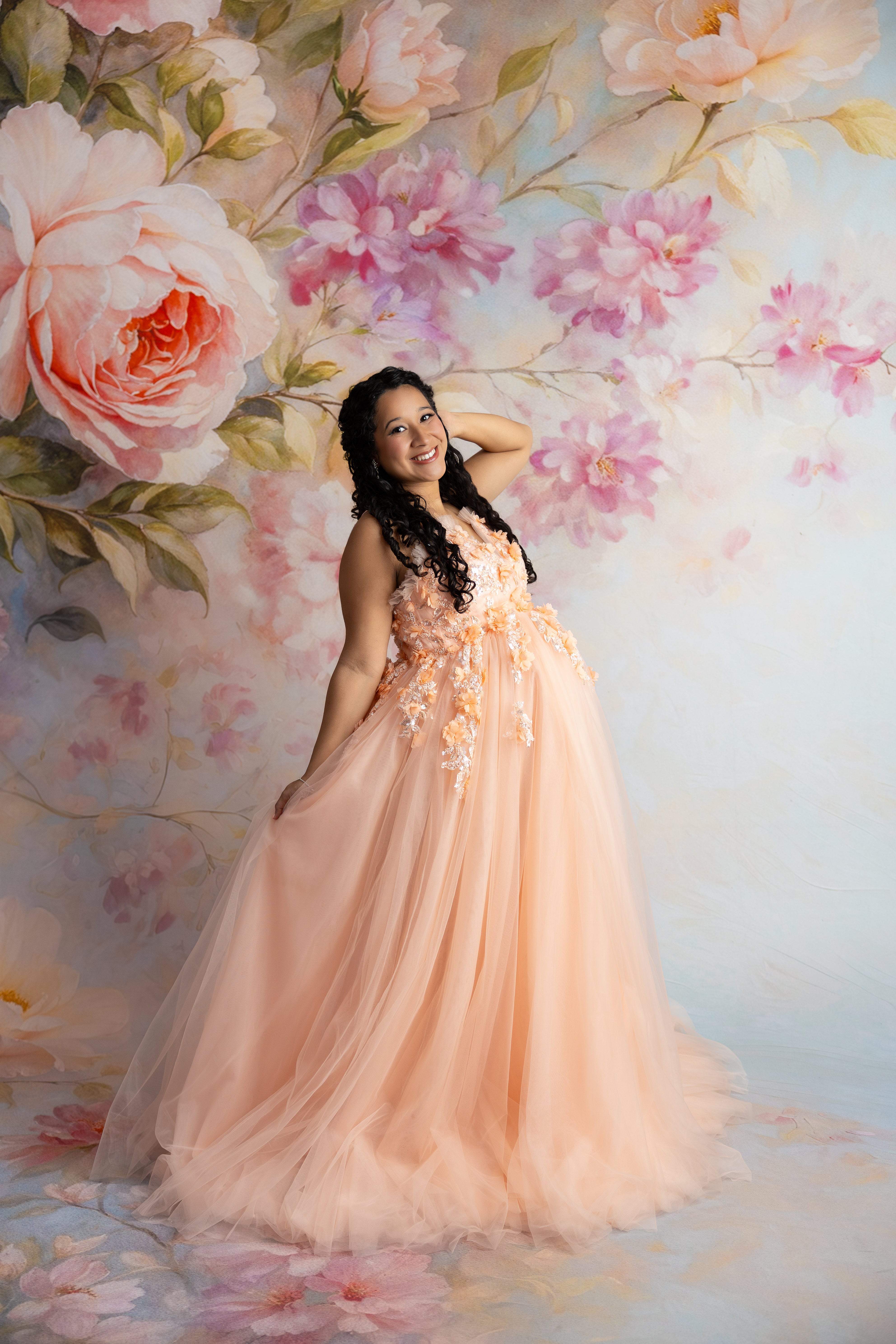 Romantic Peach Blossom dress with flexible sizing and ethereal bridal tulle.