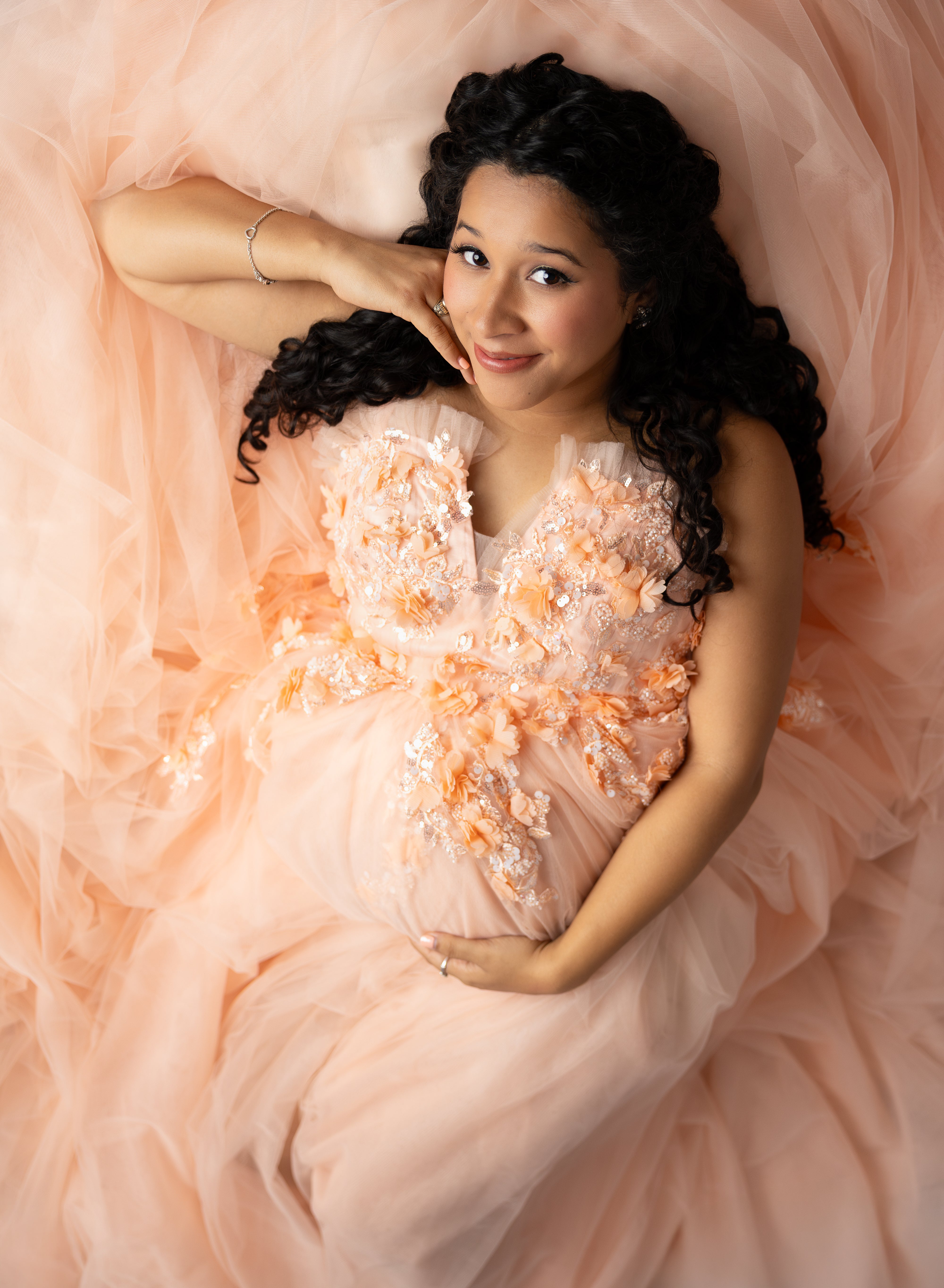 Adjustable Peach Blossom dress with corset back and light tulle, suitable for all body types.