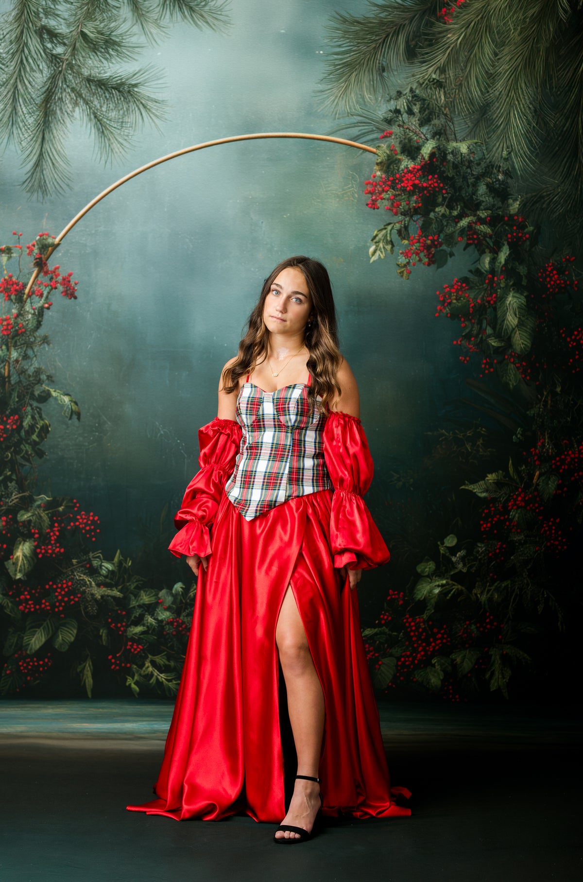 Plaid corset and black satin skirt mix-and-match couture rental by Bentley + Lace