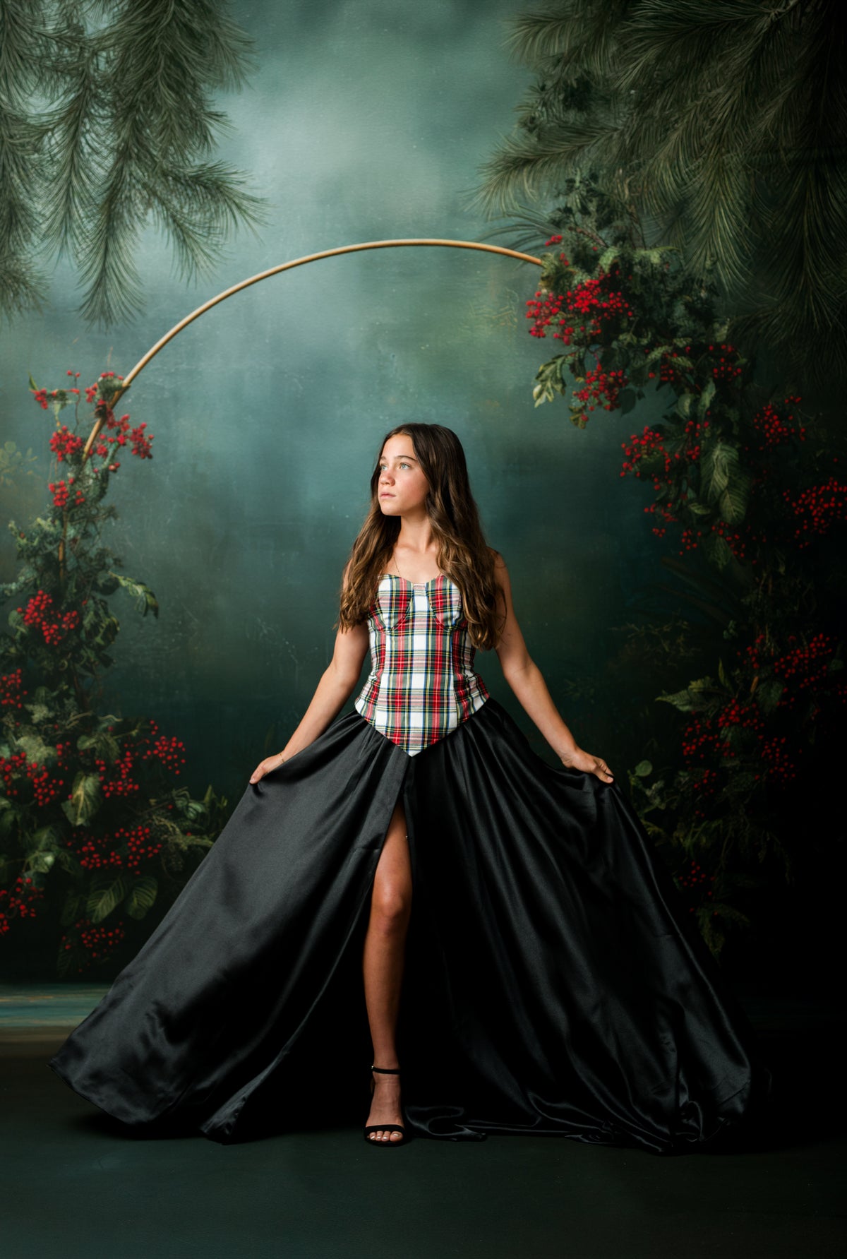 Black satin skirt and plaid corset holiday couture outfit for teen photography