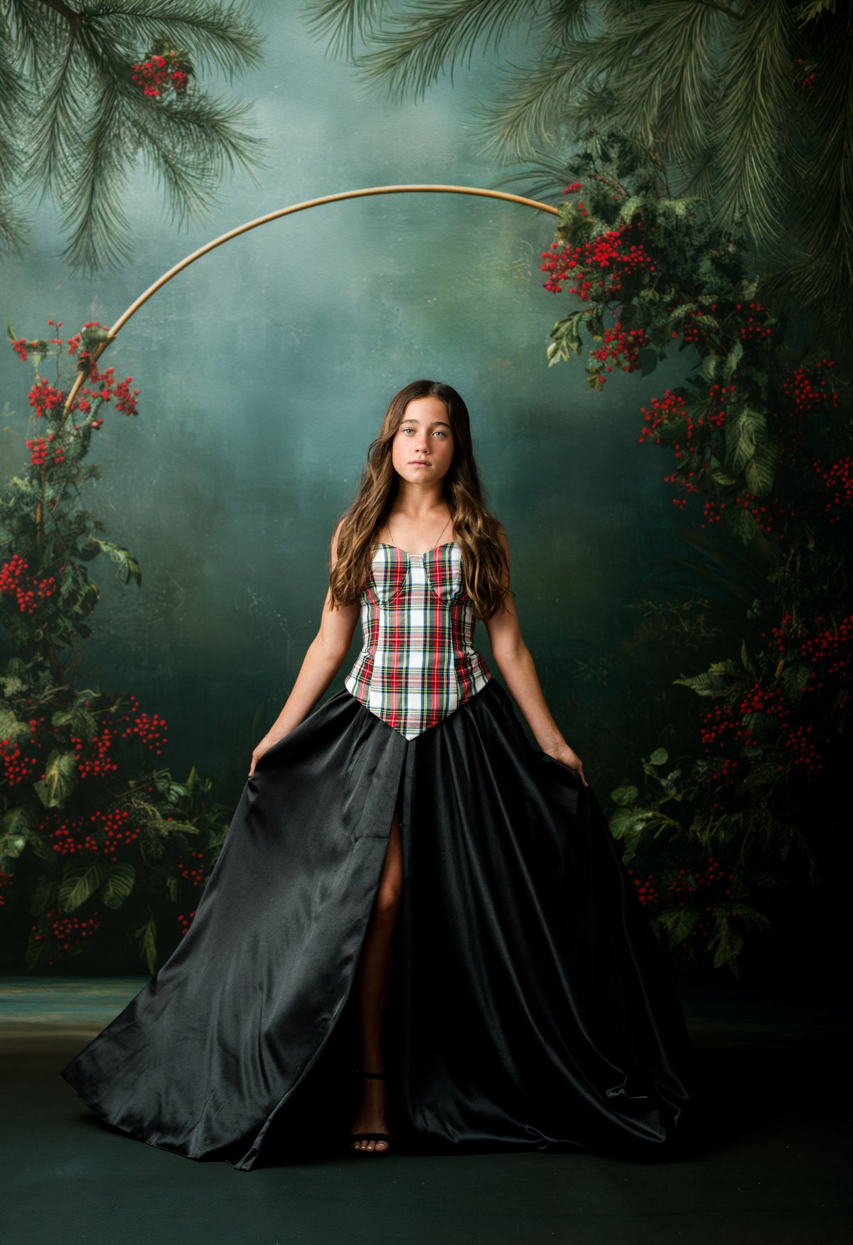 Red satin holiday gown with structured sweetheart bodice for teen and adult portraits