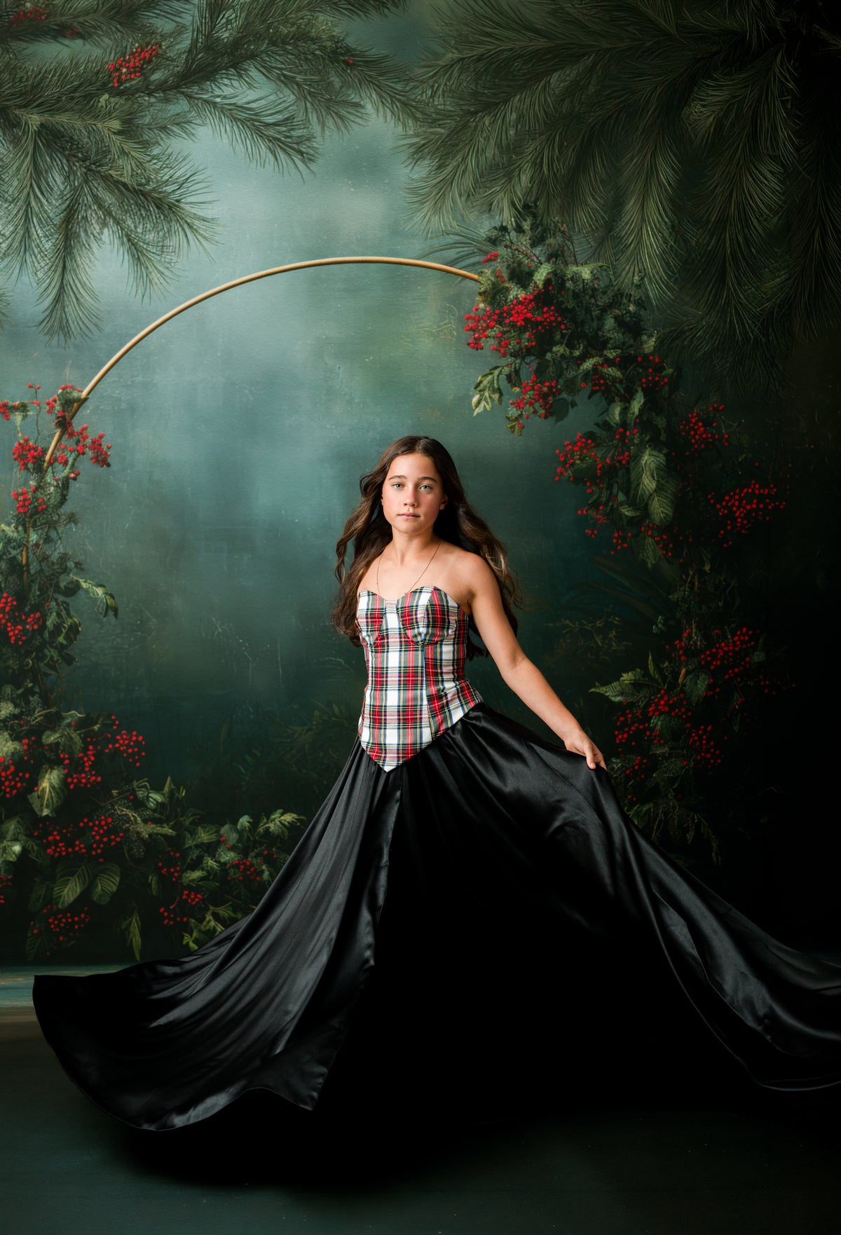 Wine red satin couture gown with basque waist and full floor-length skirt