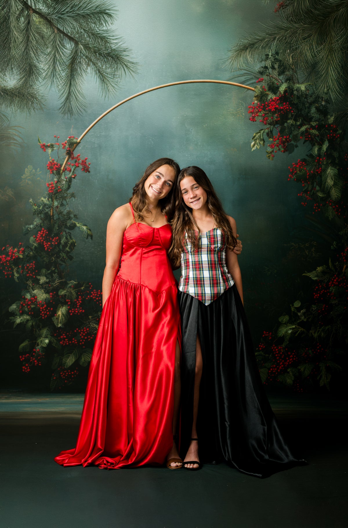 Scarlet Noel red satin rental gown with full skirt and front posing slit