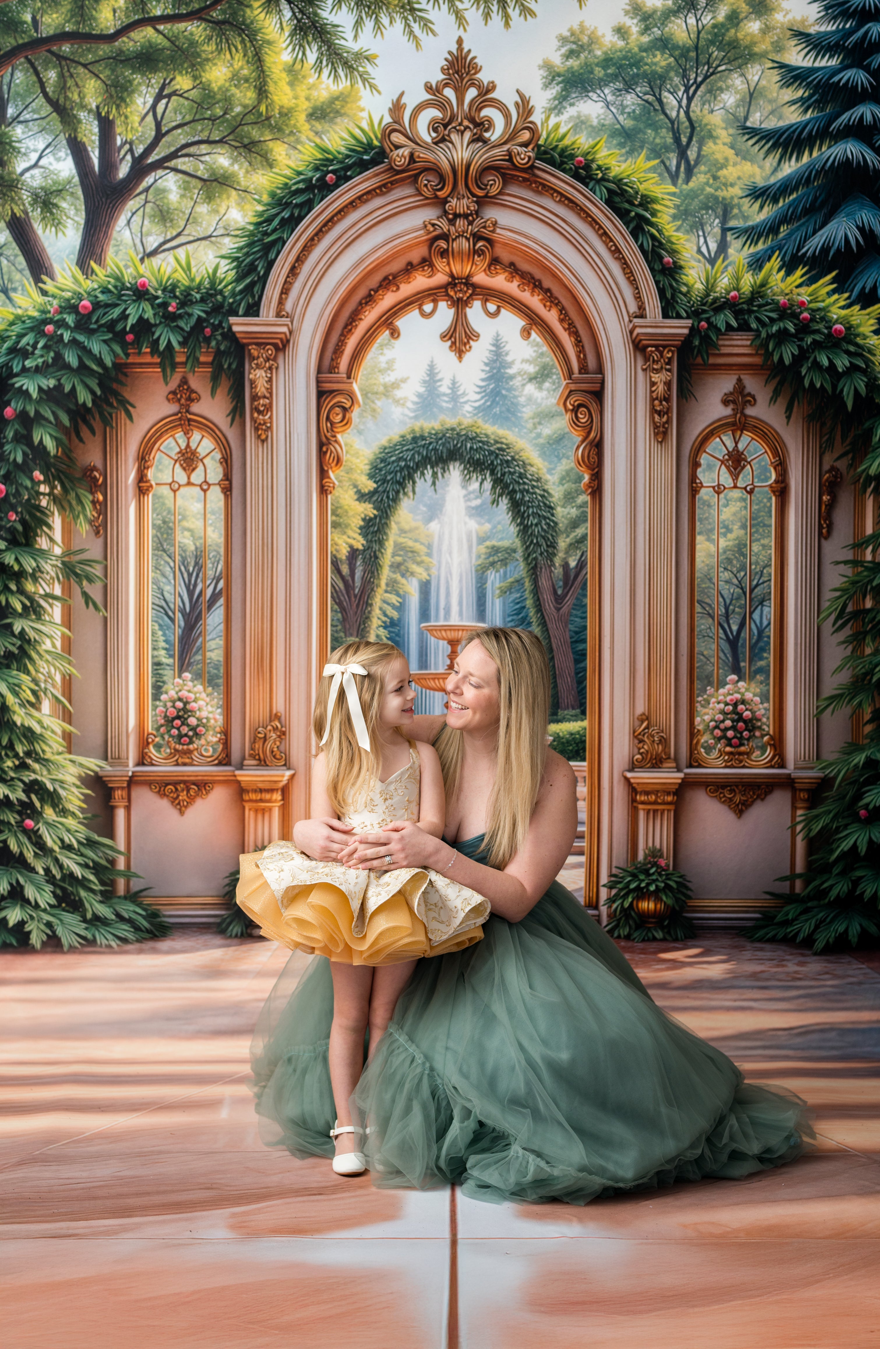 Woman and child in formal attire sitting in a decorative garden setting with ornate archway.