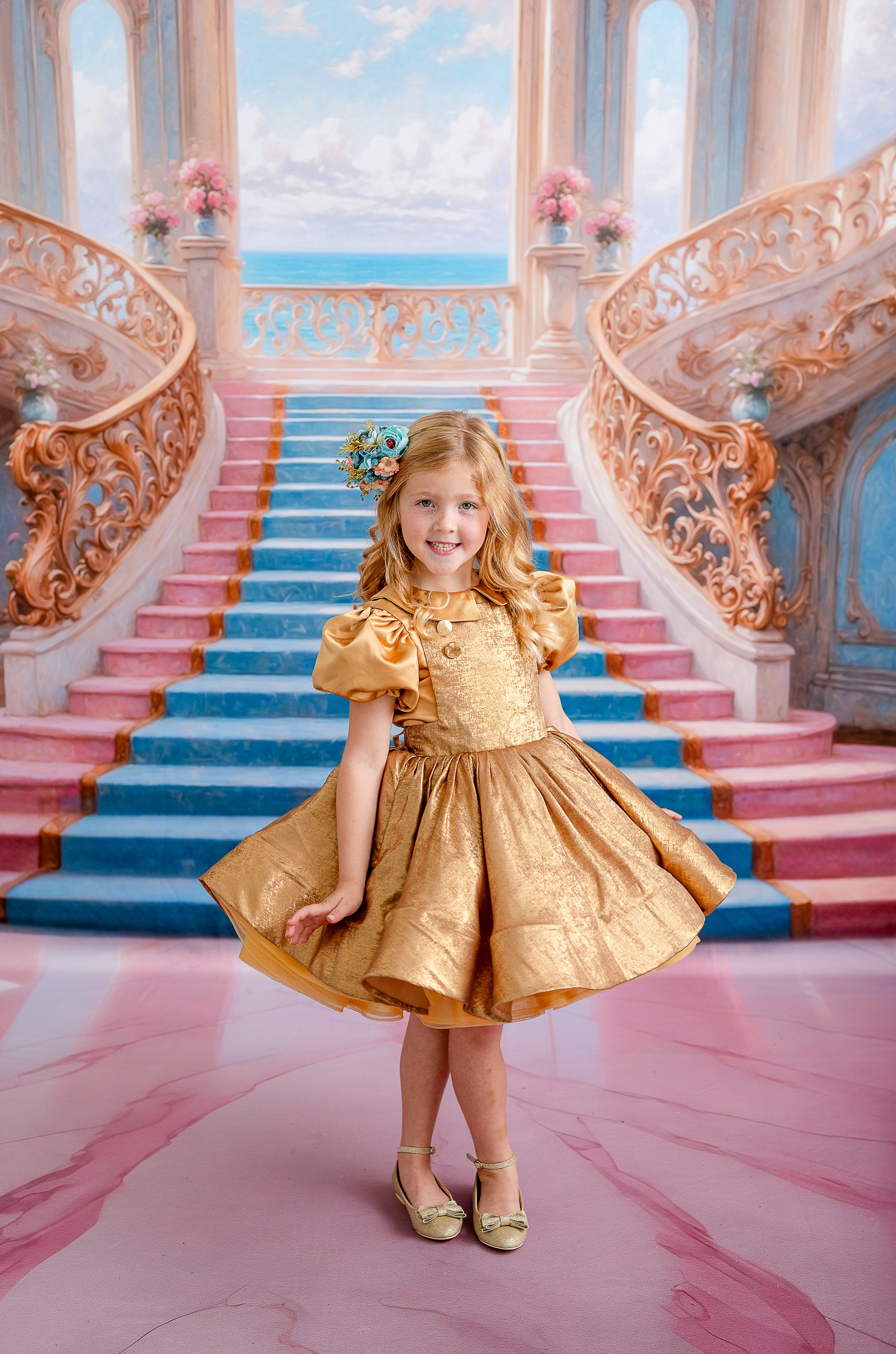 Golden Belle Vintage-Inspired Dress Petal-apron dress, detachable bodice, cape - Red (5-7 year)