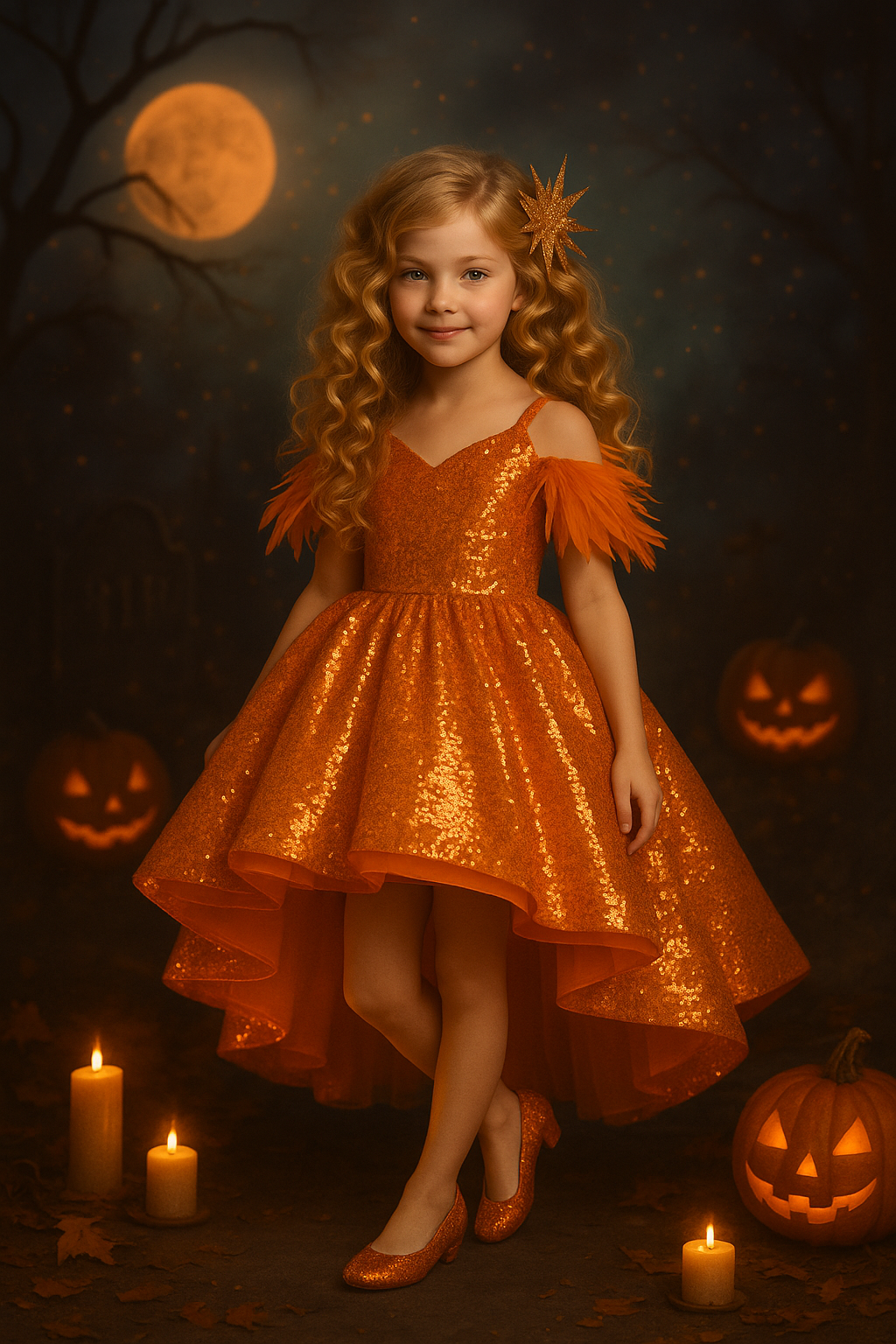 Halloween-inspired couture dress for girls with sequins, feathers, and customizable layers