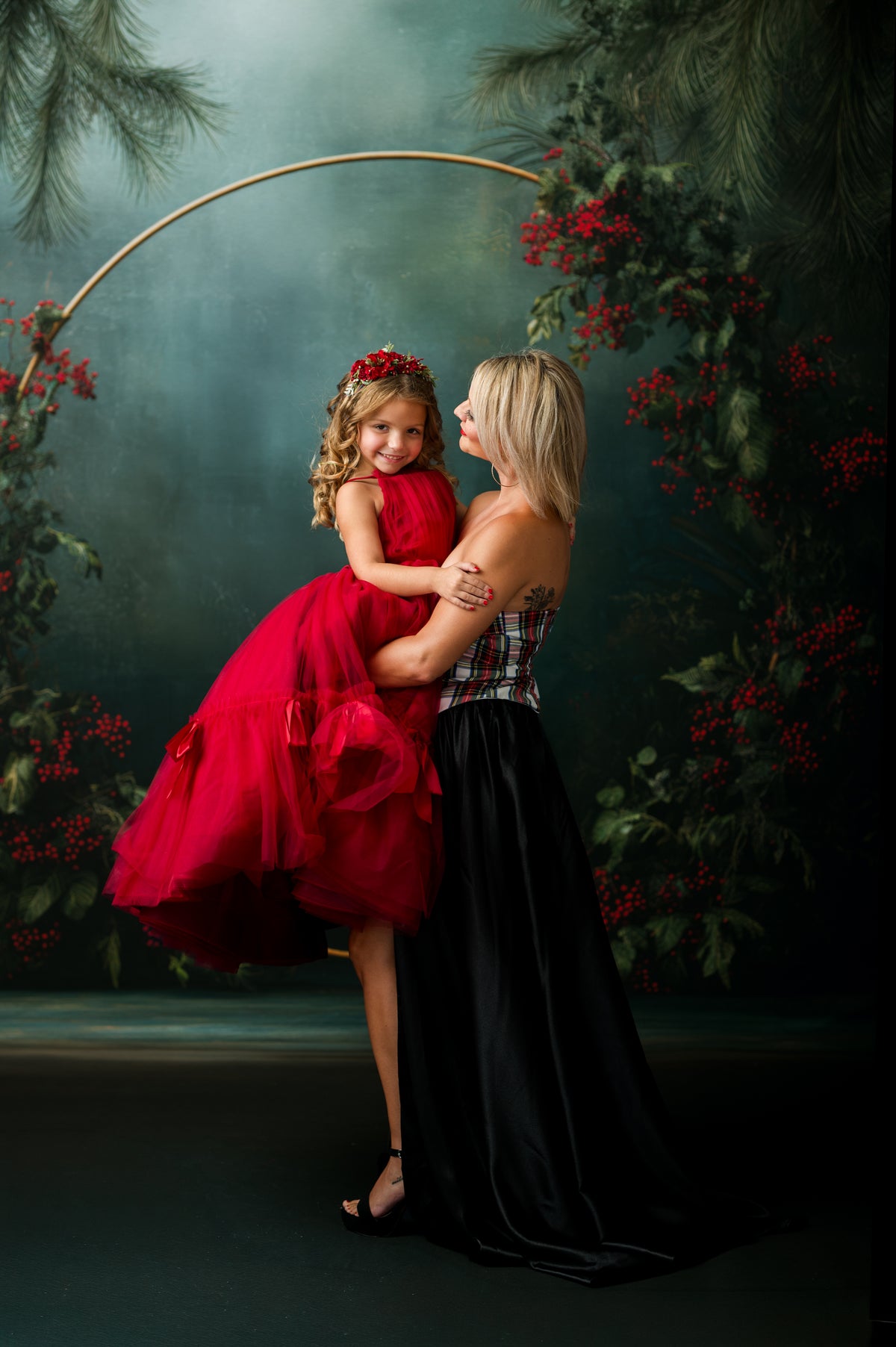Elegant red satin Christmas portrait gown for teen and adult photography sessions