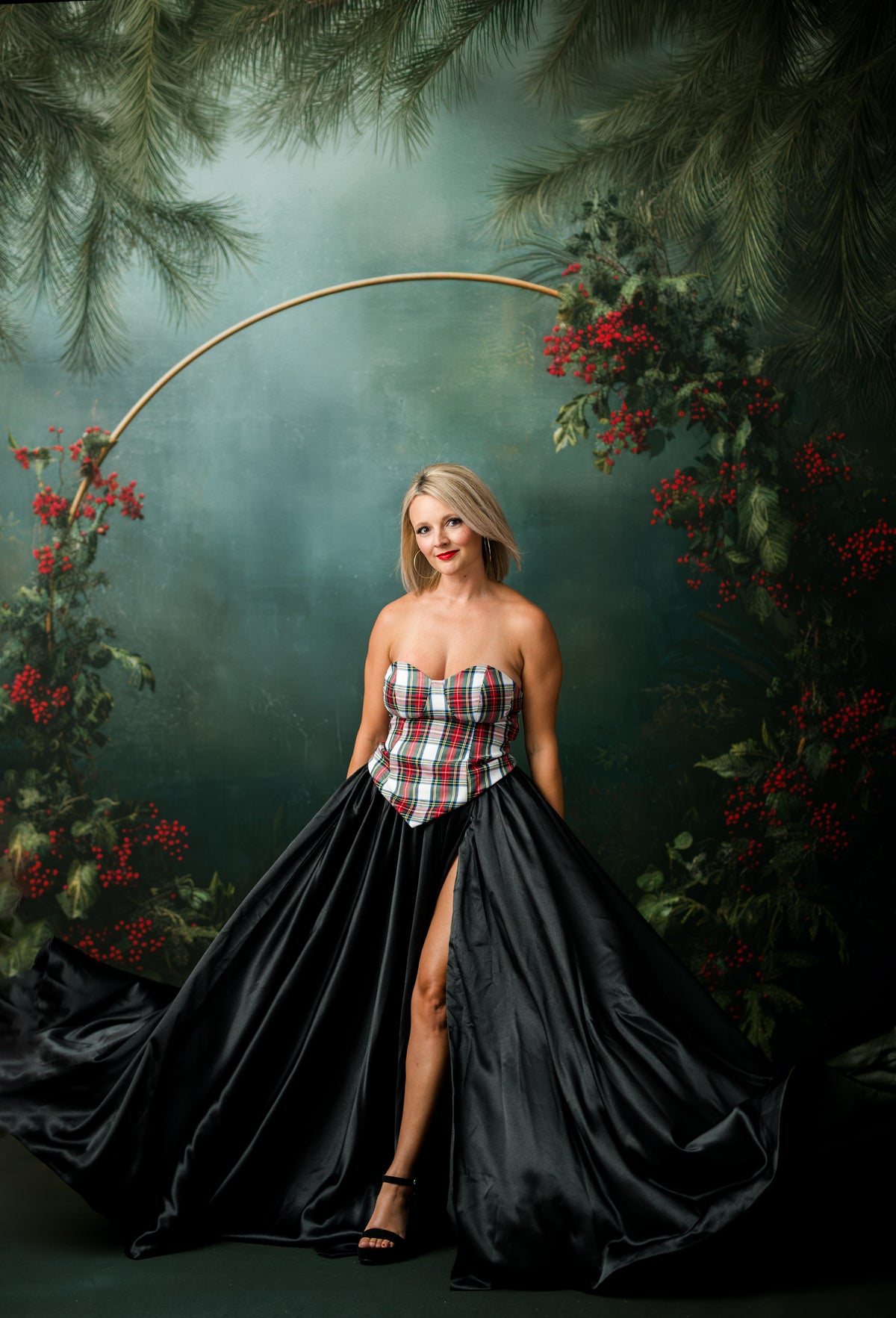 Midnight Noel black satin skirt styled with strapless plaid holiday corset