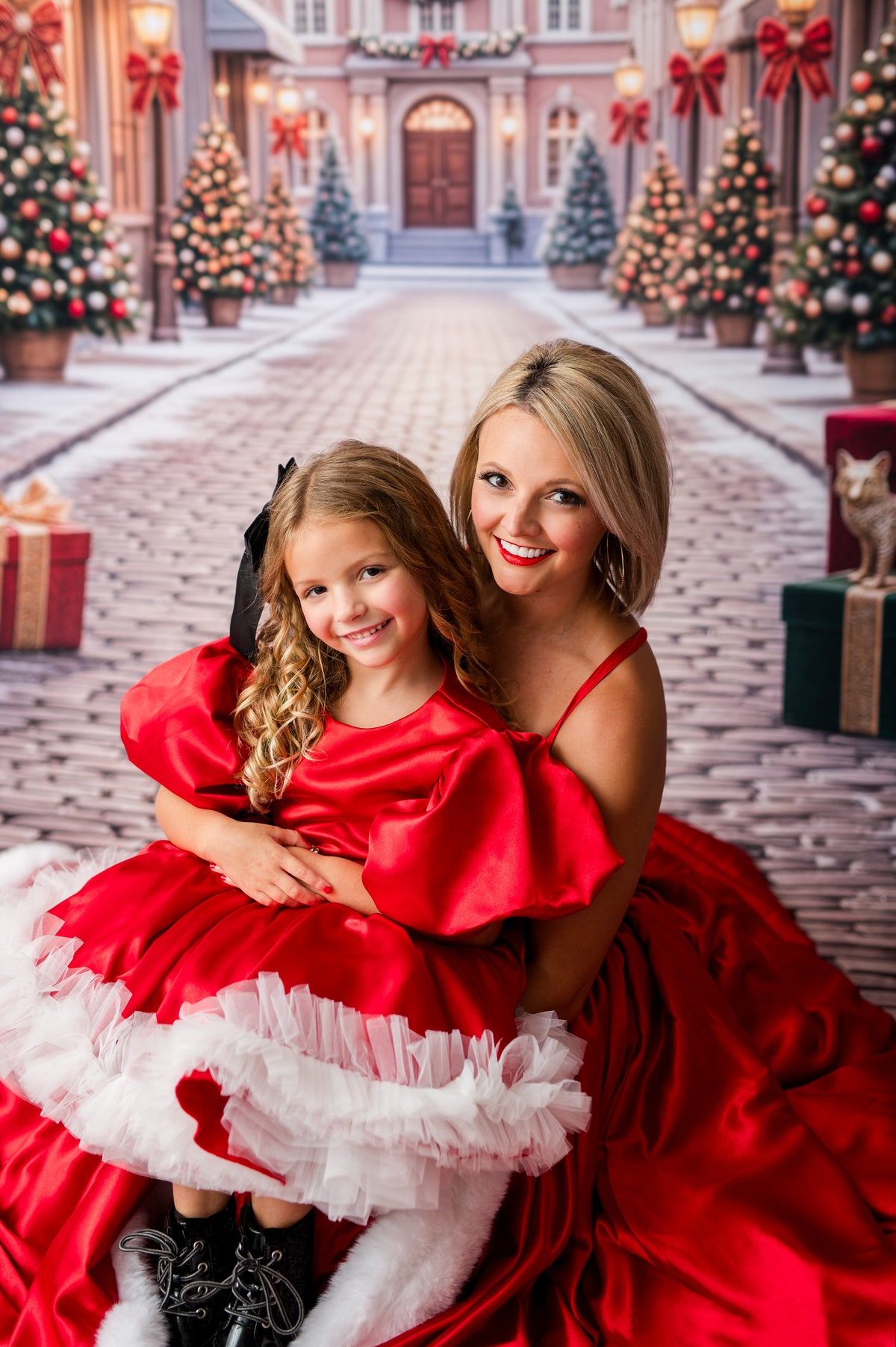 Girls Christmas portrait dress with red satin full skirt and fluffy white tulle hem