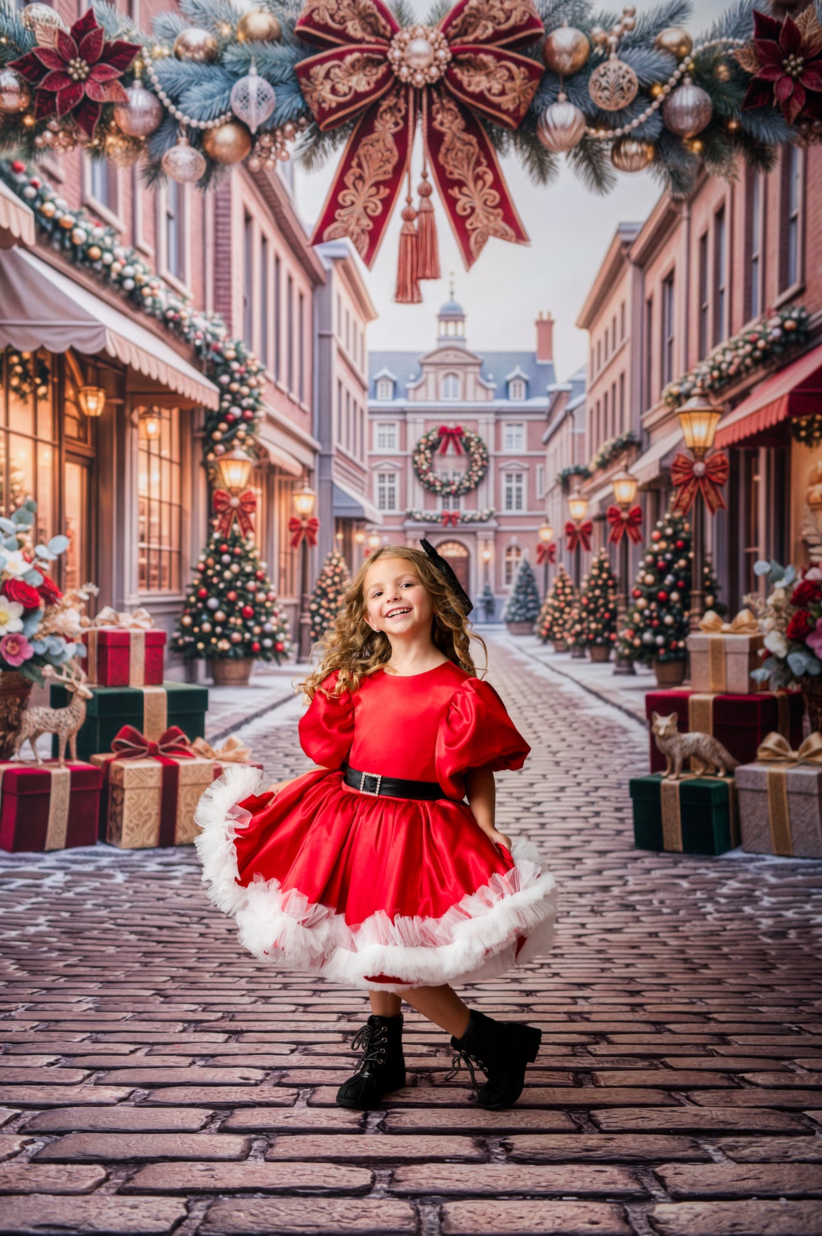 Merry & Bright holiday dress with full twirl skirt black waistband and rhinestone buckle