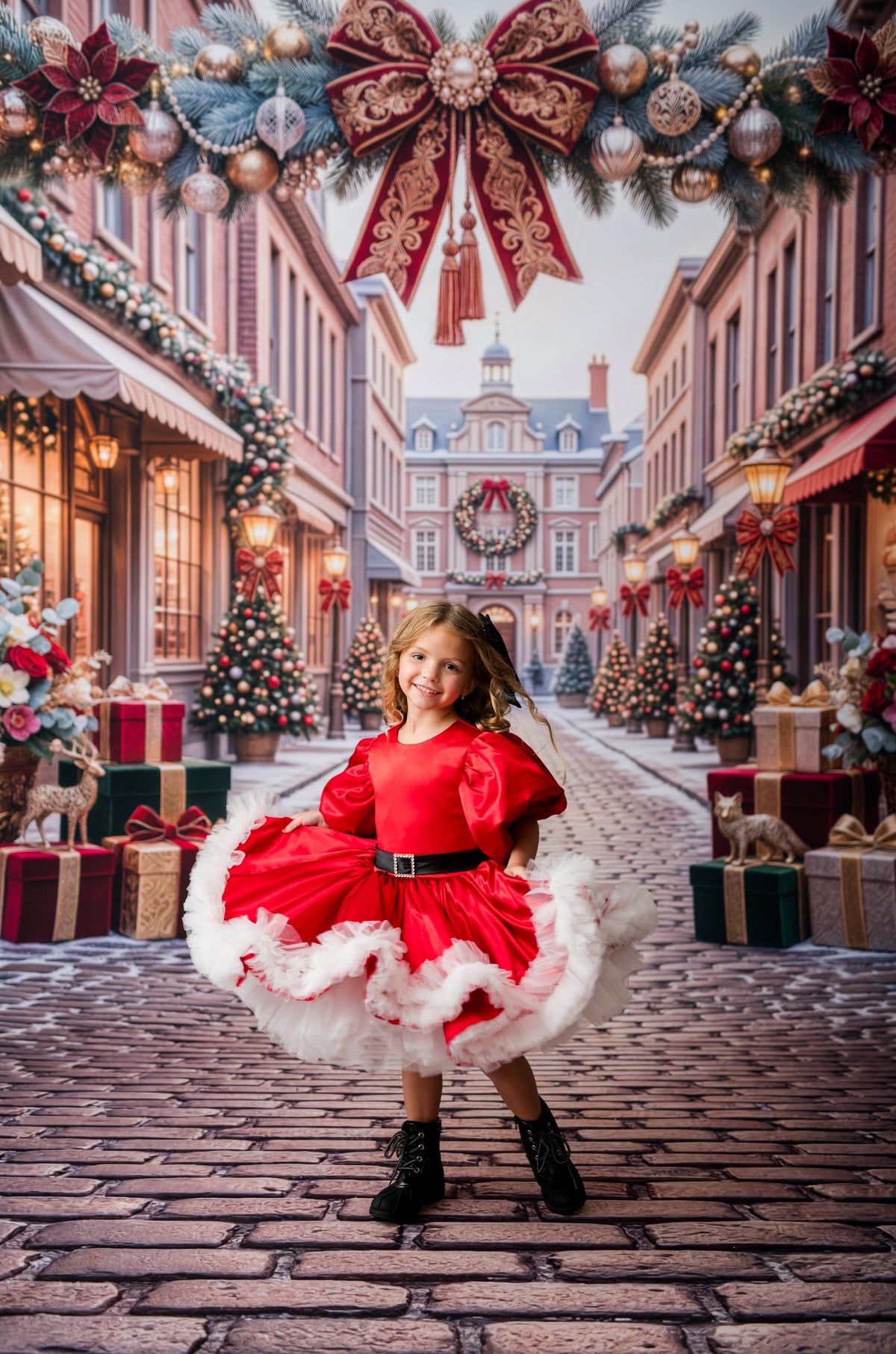 Girls red Christmas couture dress with oversized puff sleeves and white tulle trim
