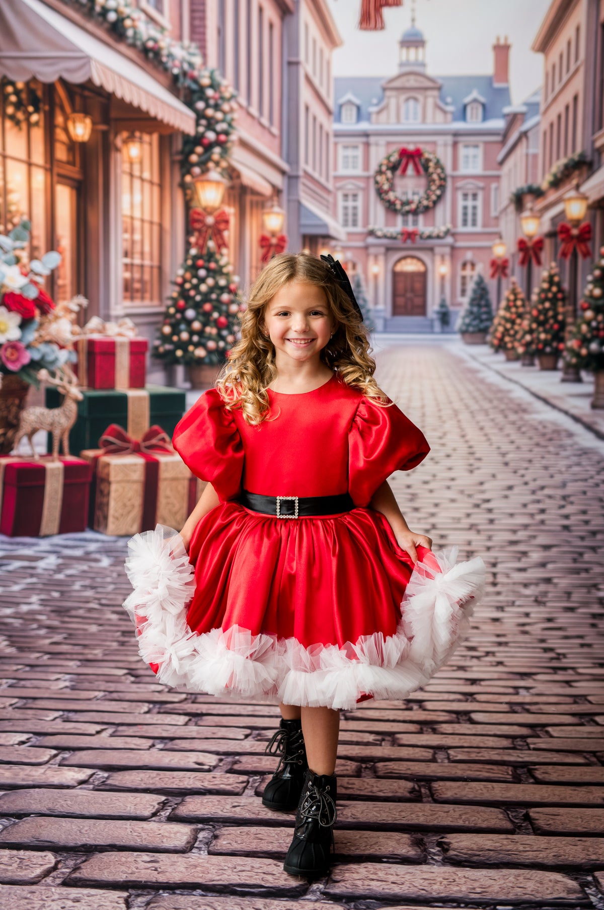 Red satin Christmas photography dress rental with detachable statement puff sleeves
