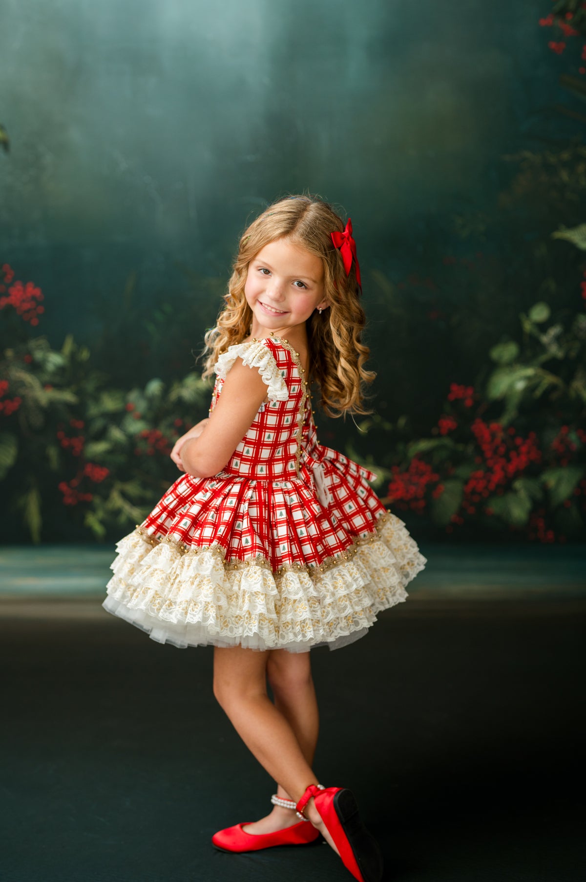 Girls Christmas dress with red tree print ivory lace ruffles and gold trim
