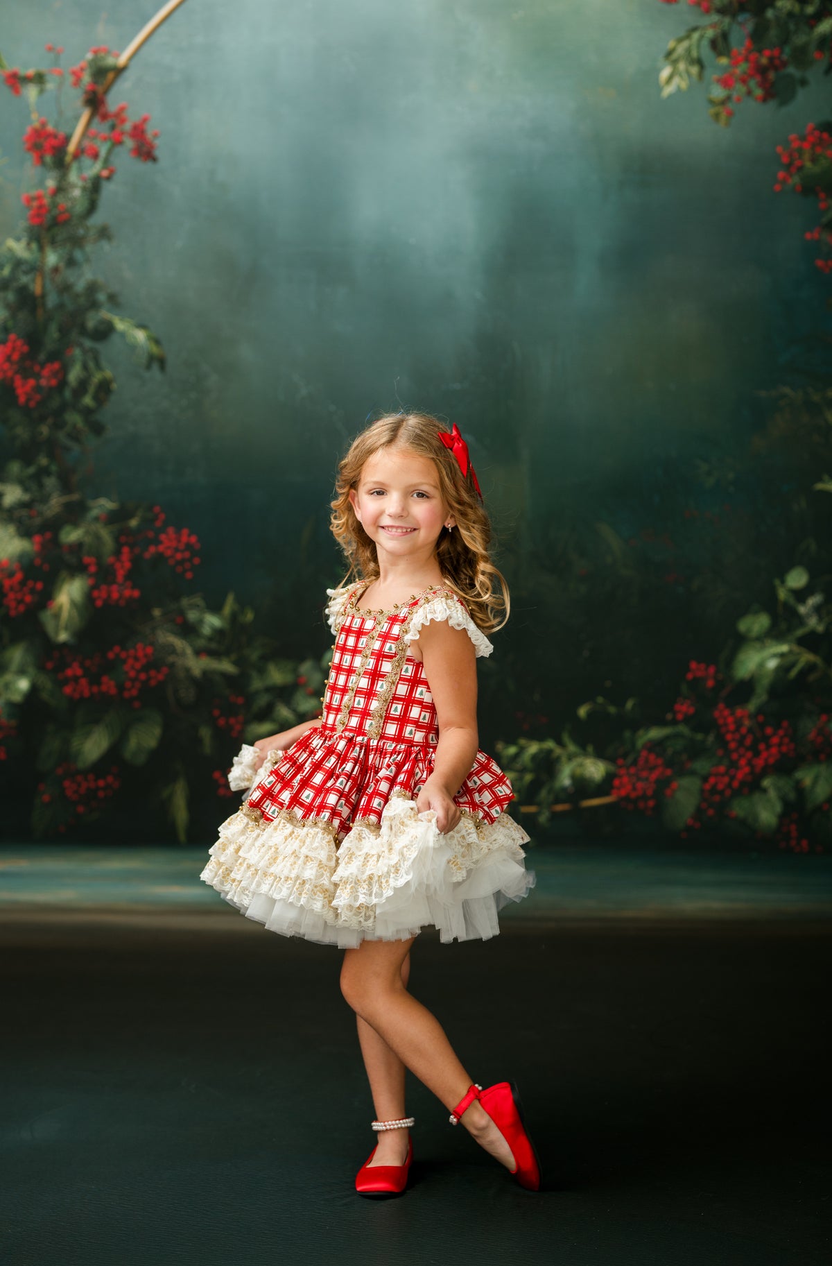 Vintage-inspired Christmas couture rental dress with full lace and tulle skirt