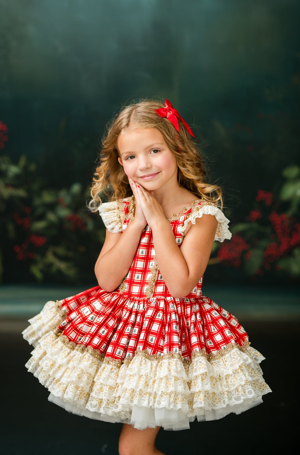 The Christmas Keepsake girls holiday photography dress with red plaid and gold lace