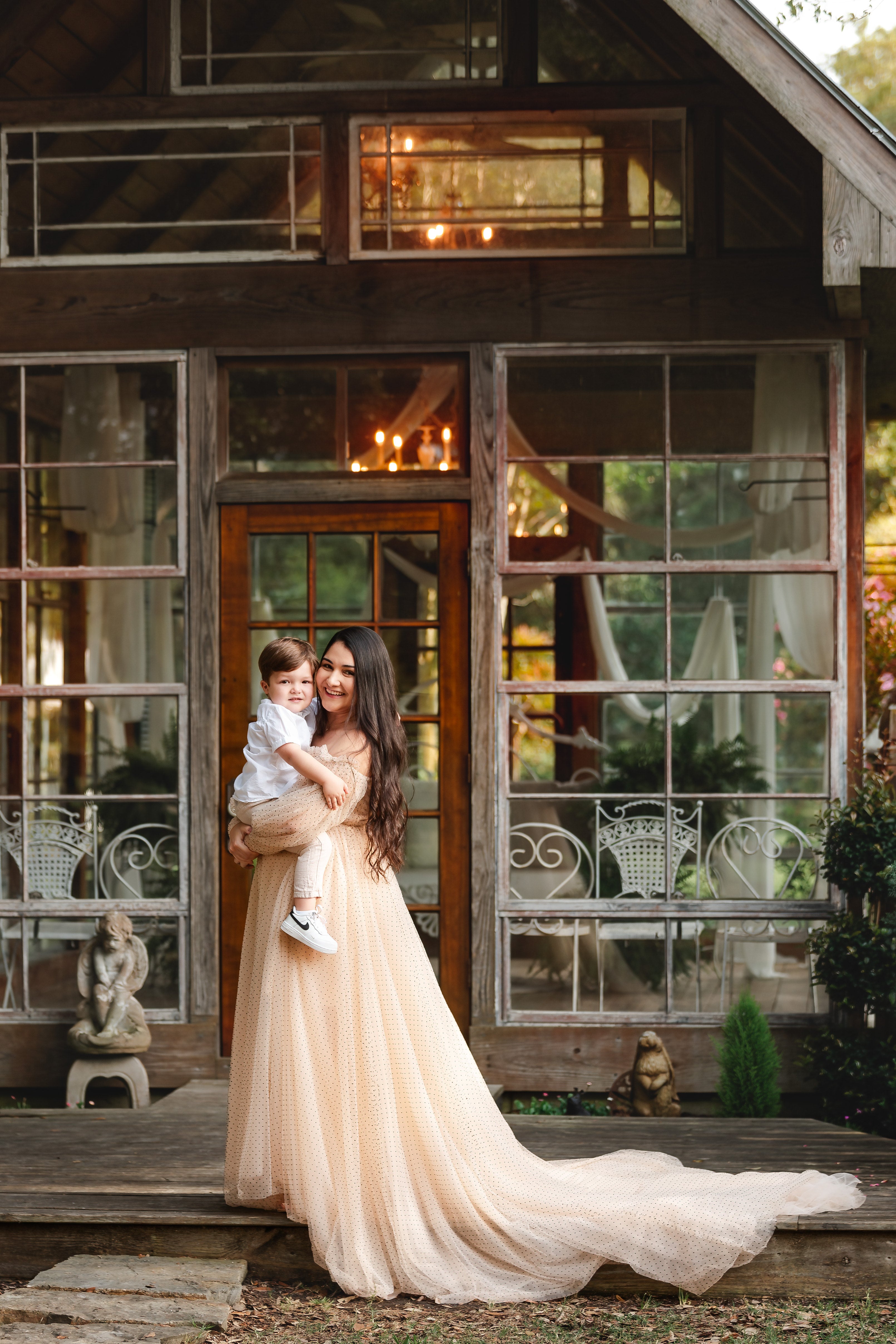 mom and son - mom wearing couture gown for family photography session