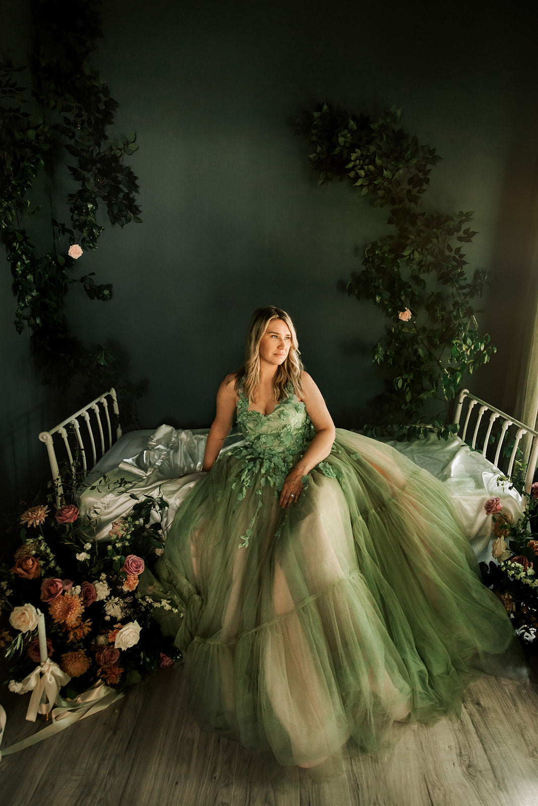 Beautiful woman wearing a couture rental gown for portrait session.