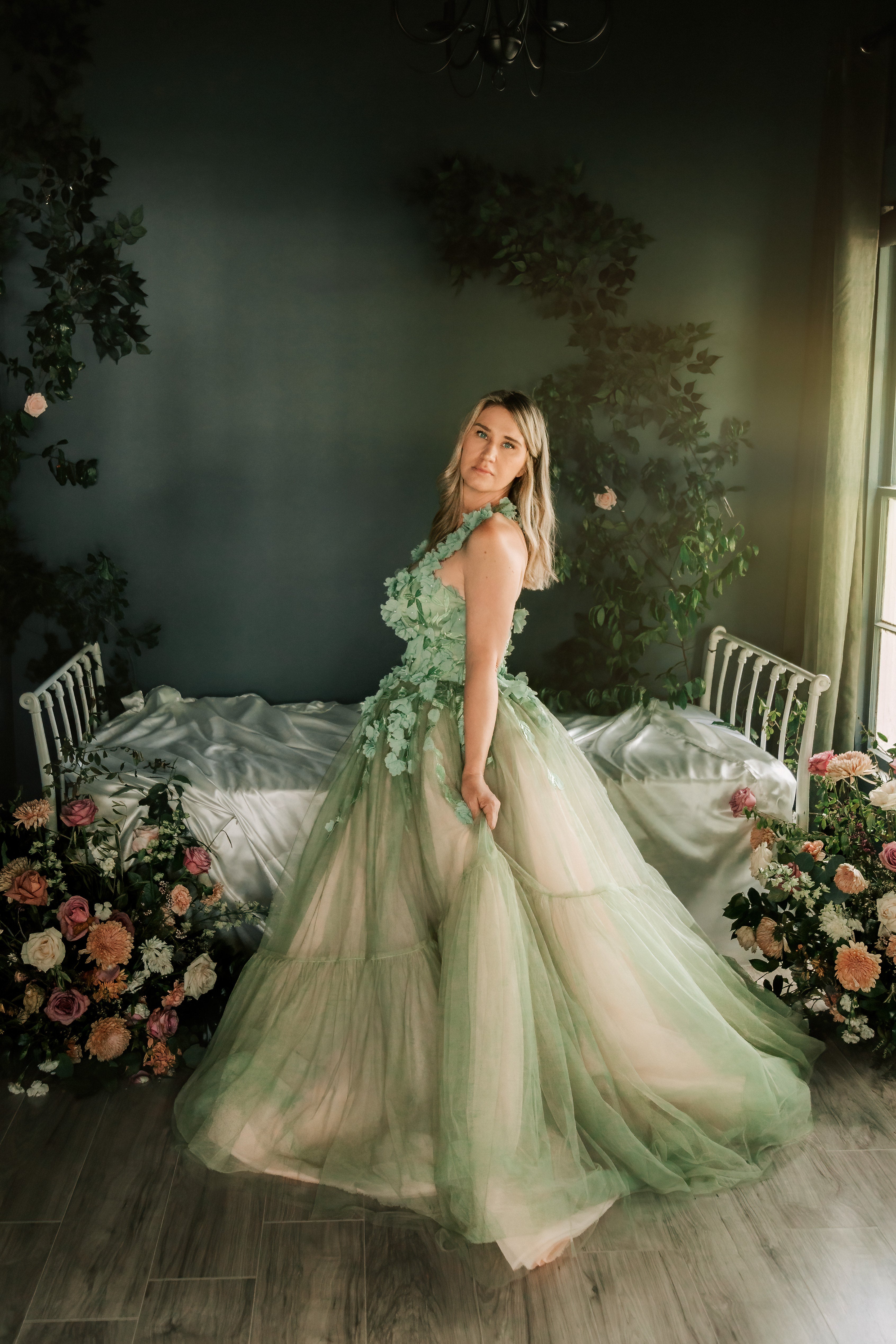 Beautiful mom in a couture gown for a family portrait